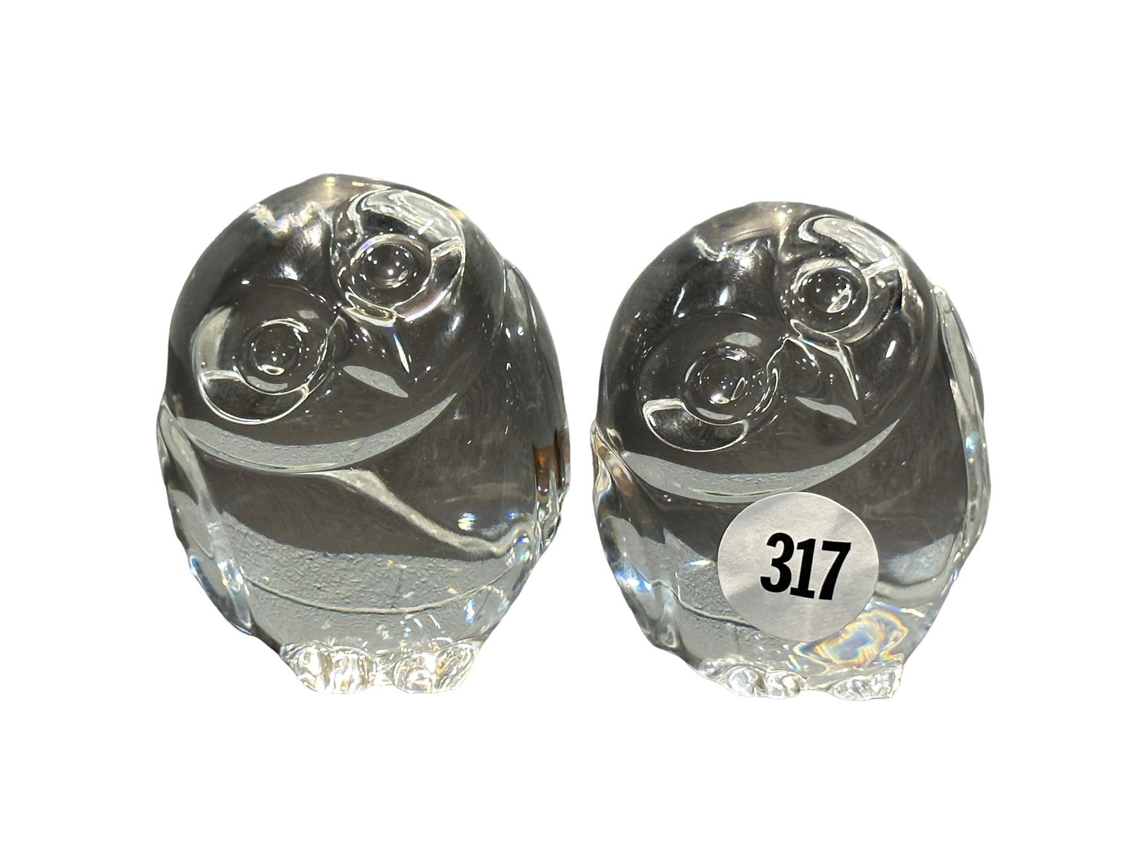 Pair of Steuben Owls: Pair of Steuben Owls. Both are signed. Measures 2.25" x 2.25" each