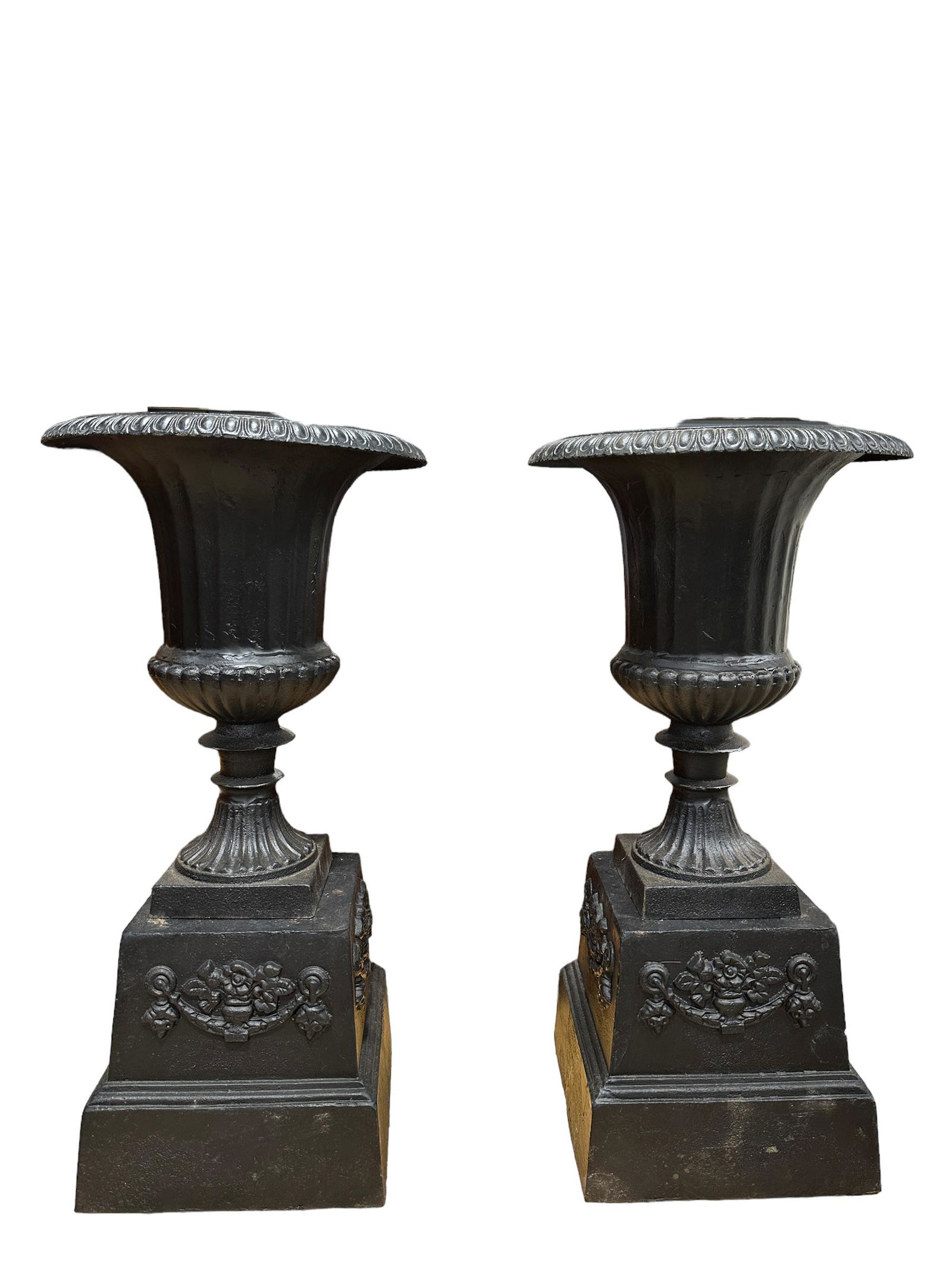 Pair of Black Cast Iron Urns w/ Cast Iron Base (1 of 3)