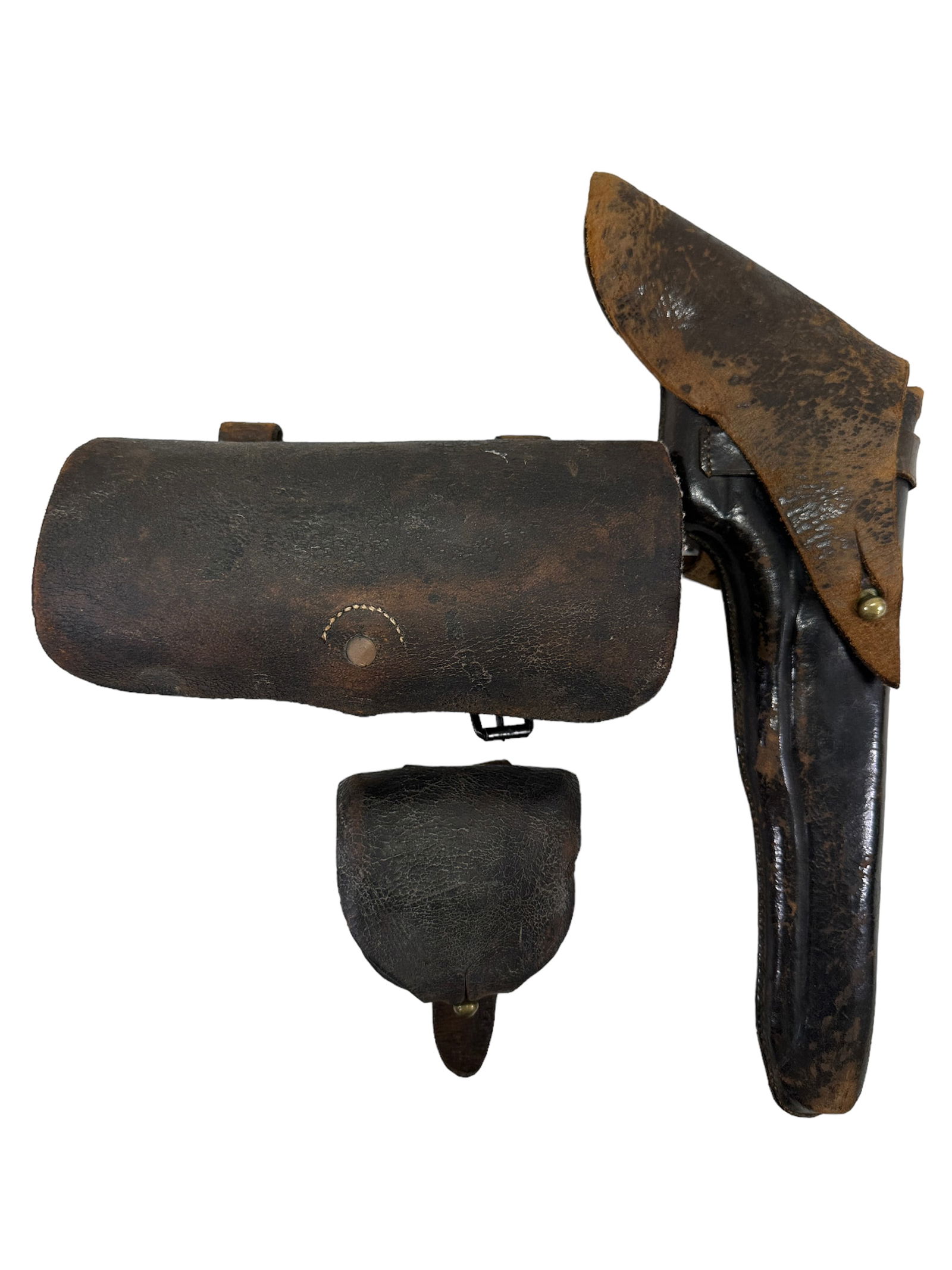 Lot of 3 Leather Military Accessories: Lot of 3 Leather Military Accessories. Gun holster measures 13" long and ammunition holders are 8" x 4" & 3" x 3.5". Small one is marked S. Peters