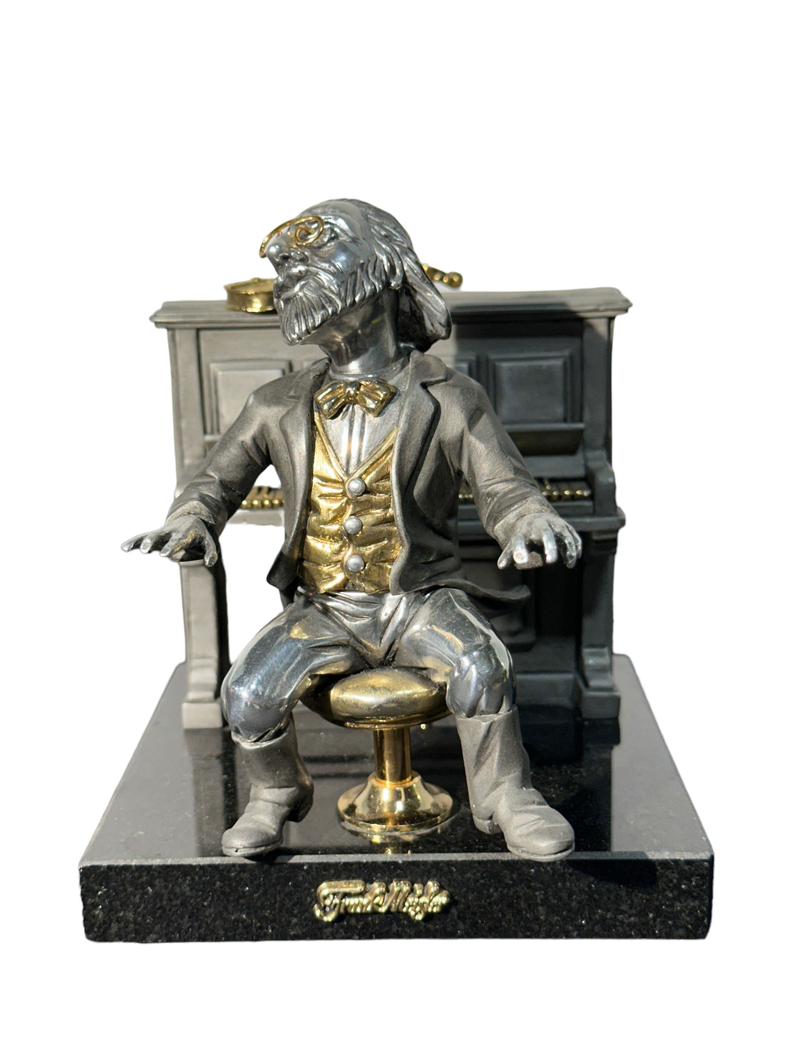 Frank Meister "Orchestra Pianist" Metal Sculpture: Frank Meister "Orchestra Pianist" Metal Sculpture. Signed on the side of the piano and #184/1600 and has COA. Measures 5" x 5" x 6.25"