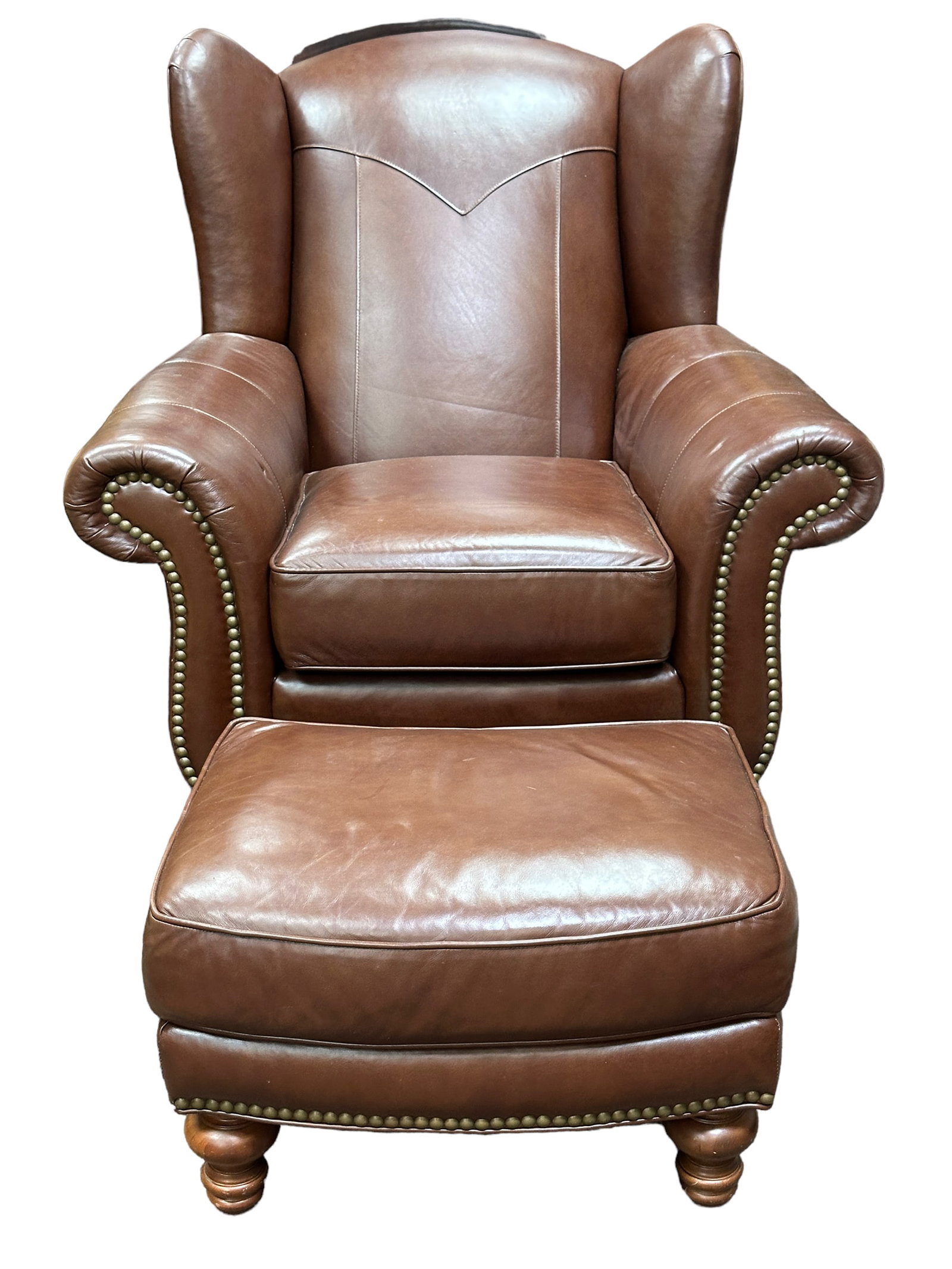 Leather Hunington House Furn. Wingback Chair w/ Ottoman: Leather Hunington House Furn. Wingback Chair w/ Ottoman. Chair measures 43.25" tall and ottoman measures 19" x 25.25" x 10"