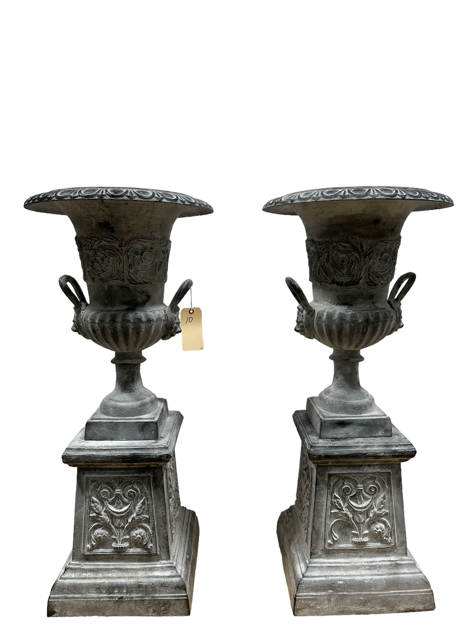 Pair of Gray Cast Iron Urns w/ Cast Iron Base (1 of 4)
