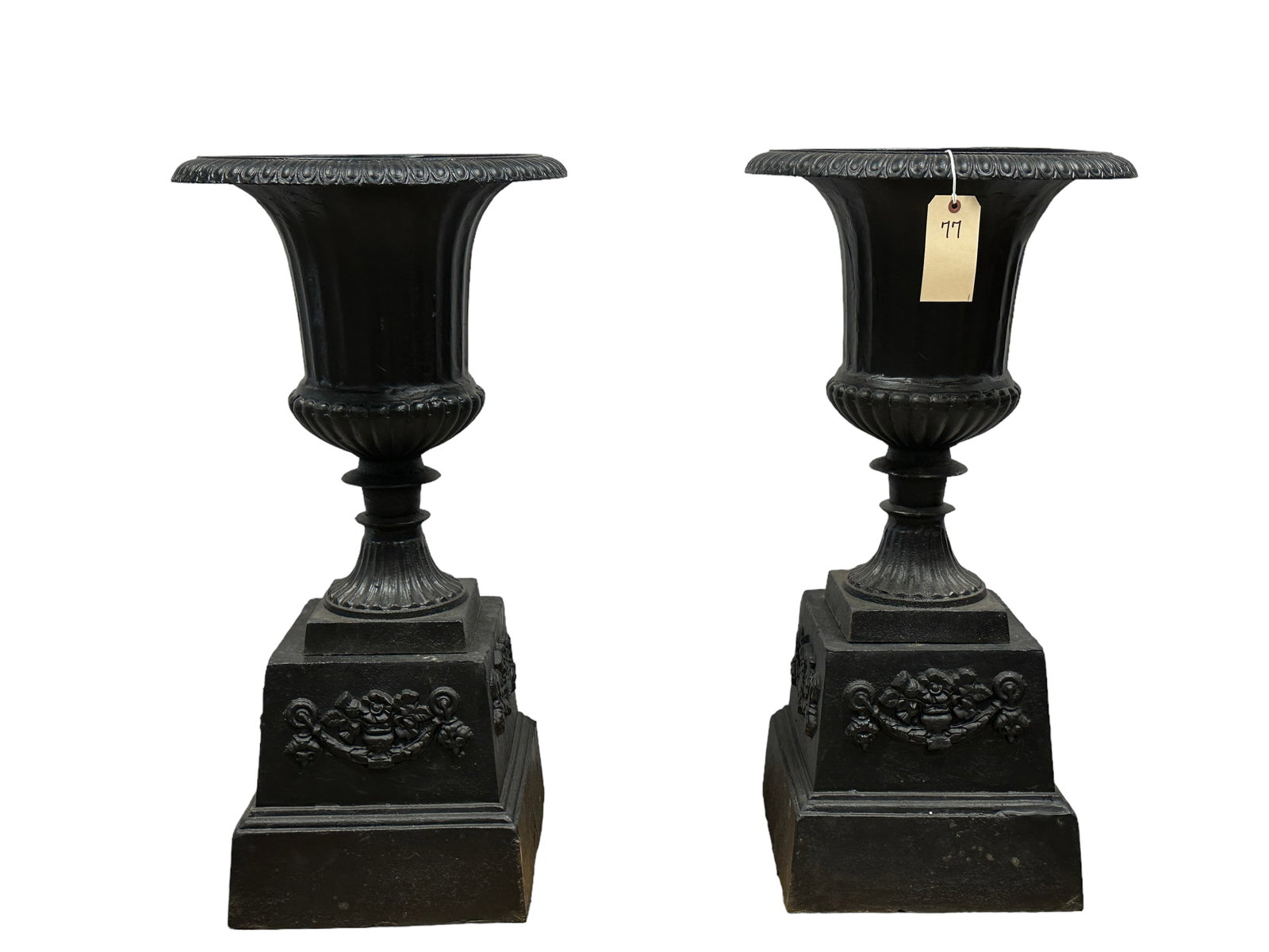 Pair of Black Cast Iron Urns w/ Cast Iron Base (1 of 3)