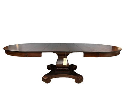 Antique Empire Paine Furniture Co. Dining Table w/ 5 Leaves: Antique Empire Paine Furniture Co. Dining Table w/ 5 Leaves. Label on top of table base underneath middle leaf. Table measures approx. 28.75" Height x 54.5" Long x 54" Width and table top measures