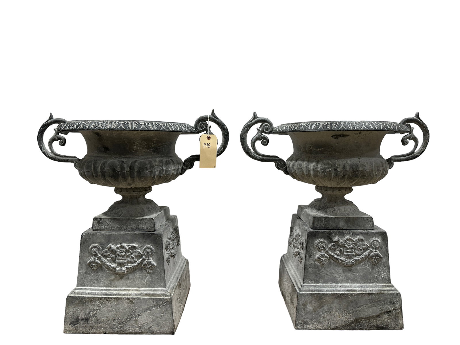 Pair of Gray Cast Iron Urns w/ Cast Iron Base (1 of 3)