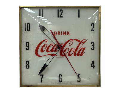 Coca-Cola Electric Advertising Clock by Pam Clock Co.: Coca-Cola Electric Advertising Clock by Pam Clock Co. Measures 15.25" x 15.25". Leather Top Drum Table w/ 2 Drawers