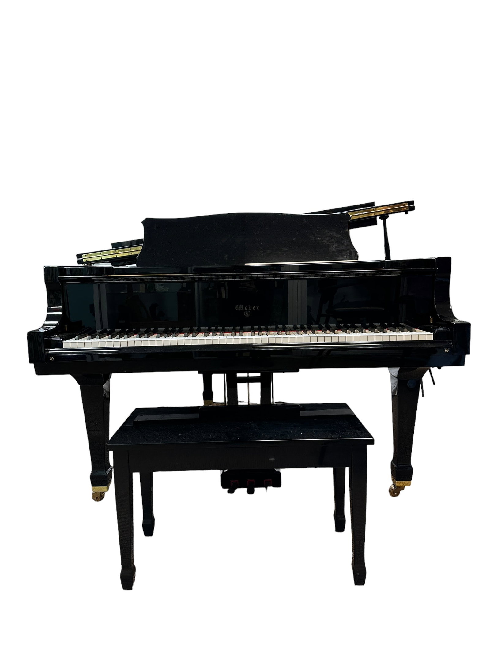 Black Lacquer Weber WG-57 Baby Grand Piano: Black Lacquer Weber WG-57 Baby Grand Piano. Model WG-57 and serial number G 084320. Measures 38.75" Height x 57" Width x 66" Depth.
