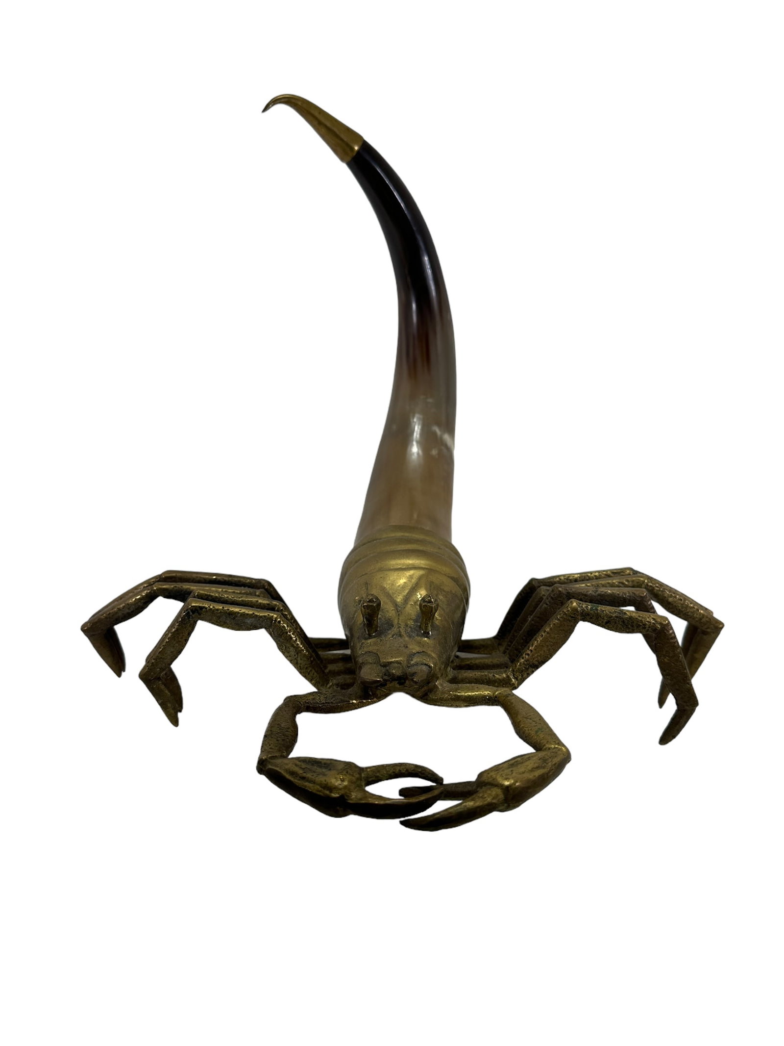 Brass Scorpion Sculpture w/Horn Tail: Brass Scorpion Sculpture w/Horn Tail. Measures approx. 13.5" Height x 16" Width x 15" Depth. Does qualify for in house shipping.