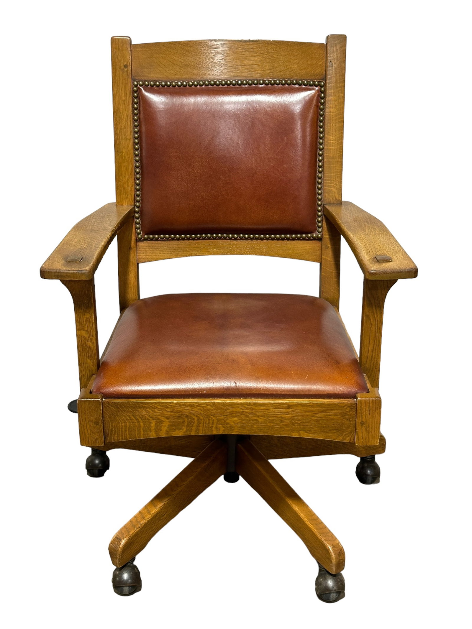 Stickley Chair: Stickley Chair. Measures 36.5" H x 21" W x 20" D. The seat measures 18" tall & the base measures 27" x 27". Is marked Stickley on the bottom of the seat.