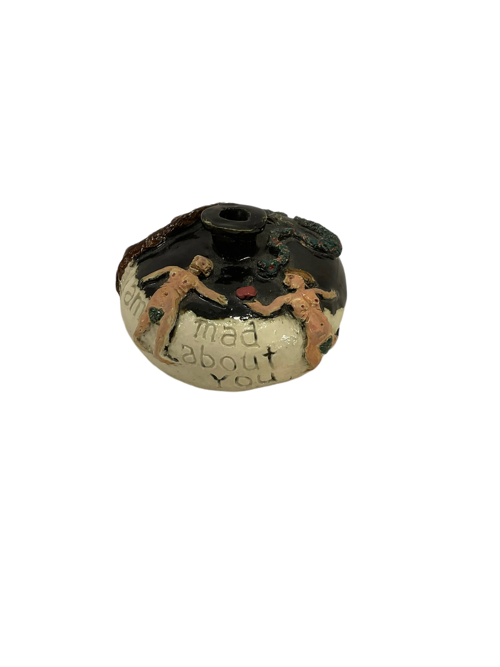 Small E. Gilliam Adam & Eve Pottery Vase: Small Adam & Eve Pottery Vase. Measures 3" x 4.5". Signed "E. Gilliam Roswell 1995 Made for Sandra Rehm"