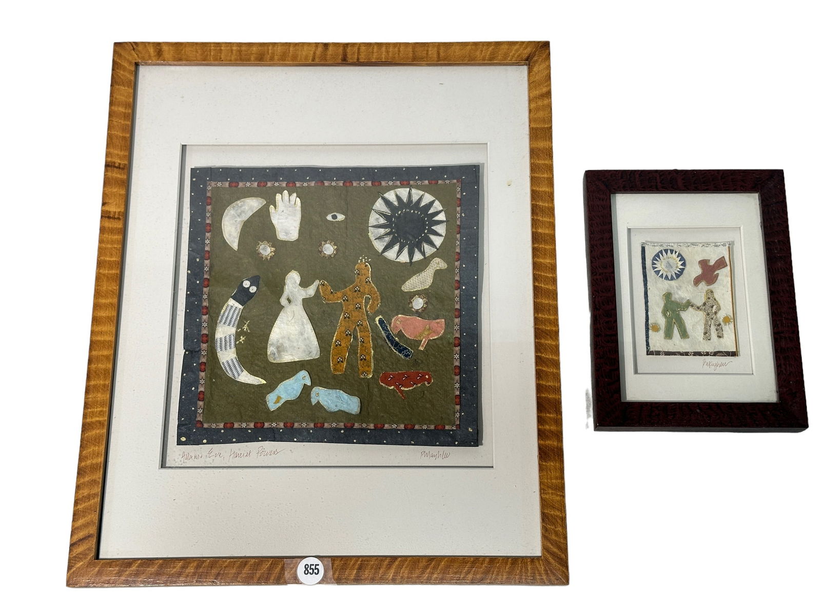 Lot of 2 Padi Mayhew Bain Framed Art: Lot of 2 Padi Mayhew Bain Framed Art. Measure 8" x 6" & 17" x 14" overall and artwork is 3.5" x 2.75" & 8.75" x 8.75". Both are signed and have info on back