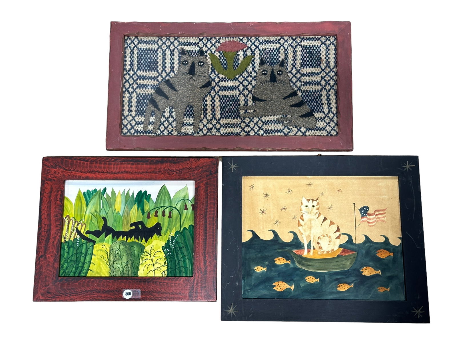 Lot of 3 Folk Art Cat Pictures (1 of 12)