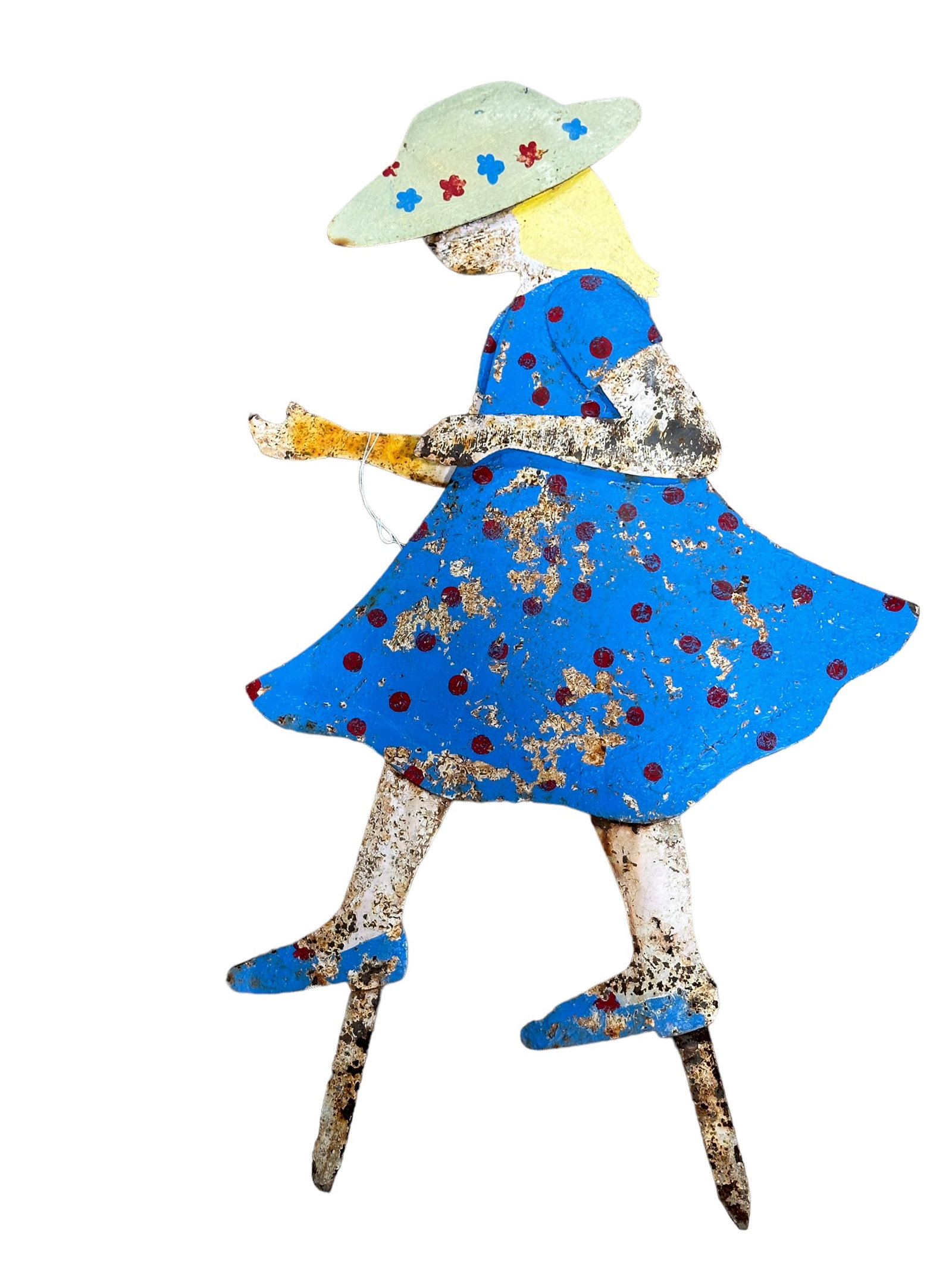 Metal Folk Art Girl Yard Stake: Metal Folk Art Girl Yard Stake. Measures 28" x 16". Has patina