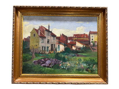 Oil on Canvas of Village by Charles Lebon: Oil on Canvas of Village by Charles Lebon . Measures 15" x 19" and 20" x 24.5" overall and is signed in bottom right corner "Charles Lebon 1924".