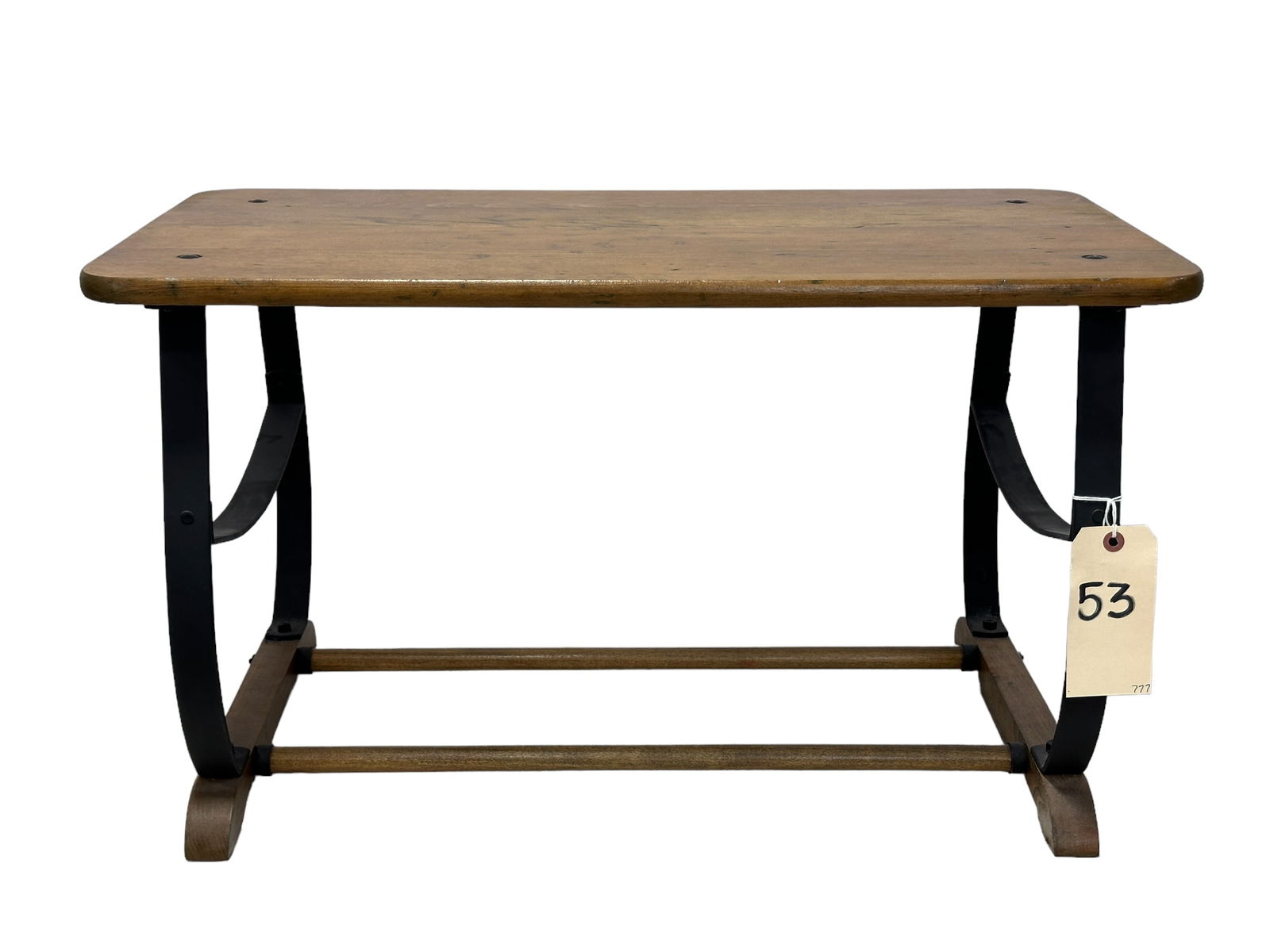 Wrought Iron & Wood Top Table: Wrought Iron & Wood Top Table. Measures 17" x 29" x 16".