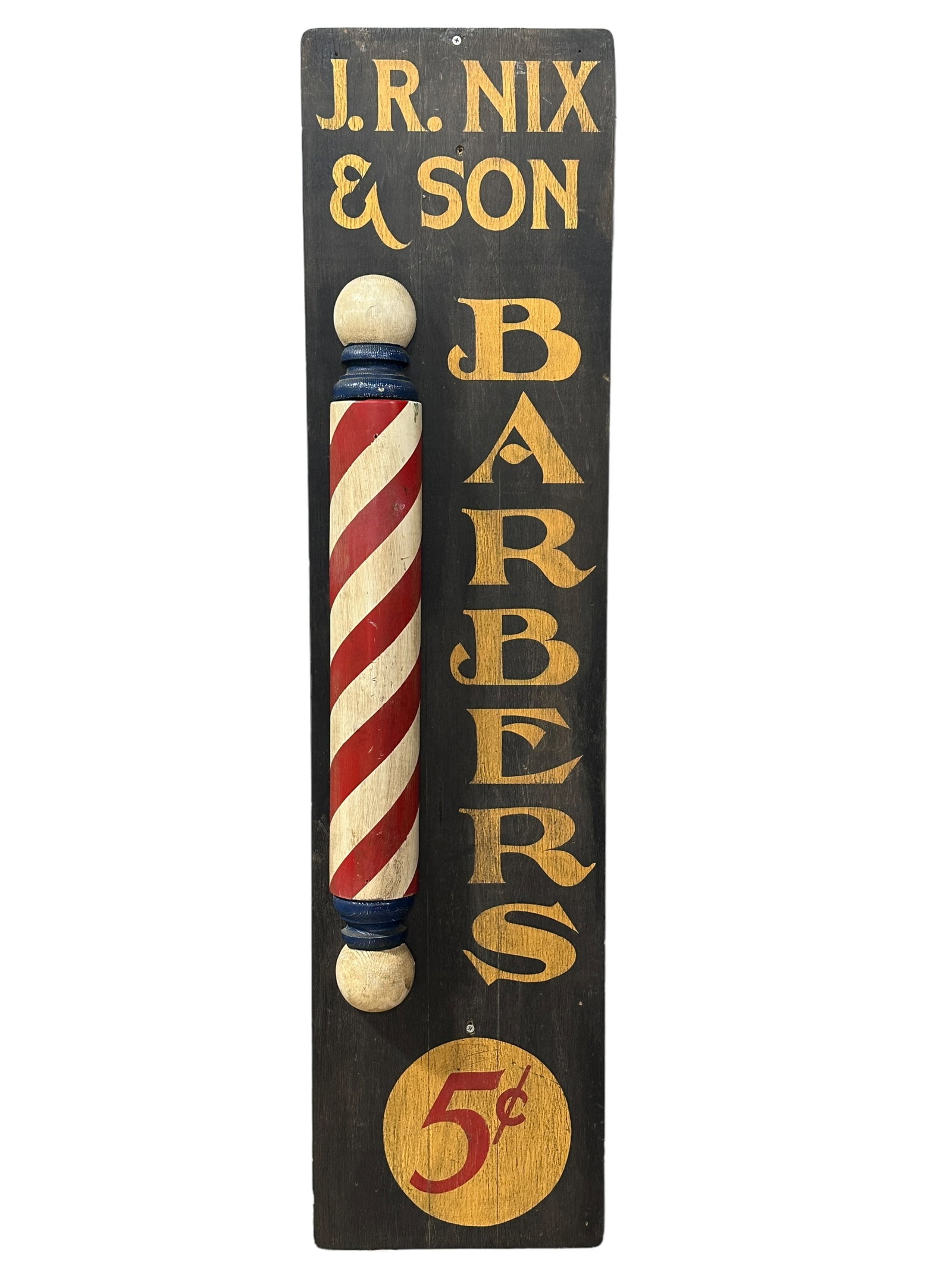 J.R. Nix & Son Barbers Advertising Sign: J.R. Nix & Son Barbers Advertising Sign. Measures 48" x 12".