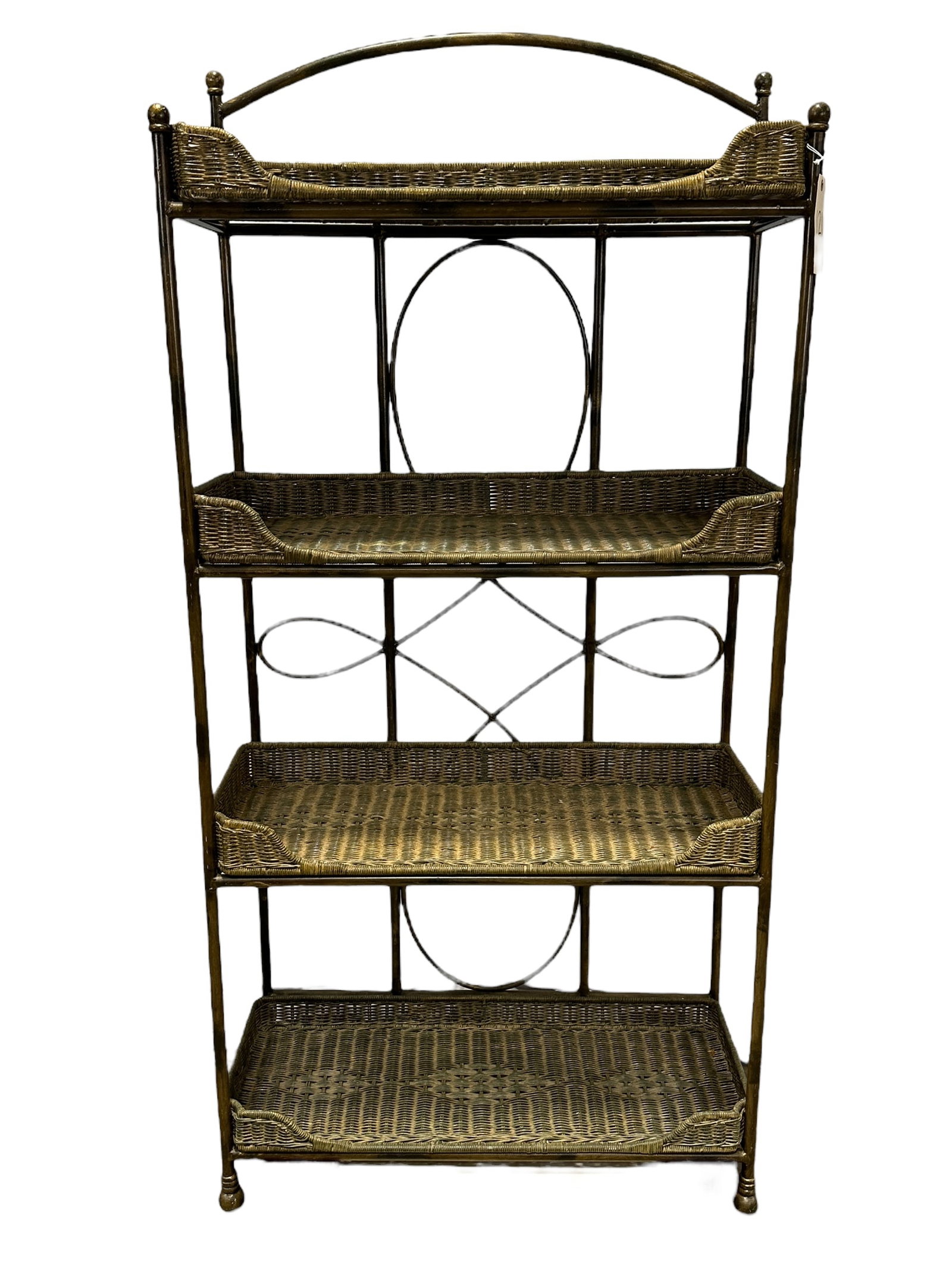 Wicker & Metal Shelf: Wicker & Metal Shelf. Measures 69.5" H X 34" W x 14.5" D & the wicker baskets are removable.