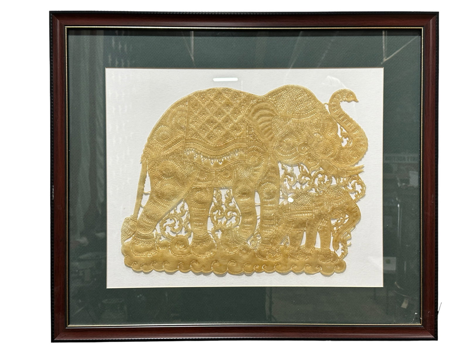 Thai Water Buffalo Skin Elephant Art Work: Thai Water Buffalo Skin Elephant Art Work. Measures 22.5" x 27" & the art work alone measures 13" x 17".