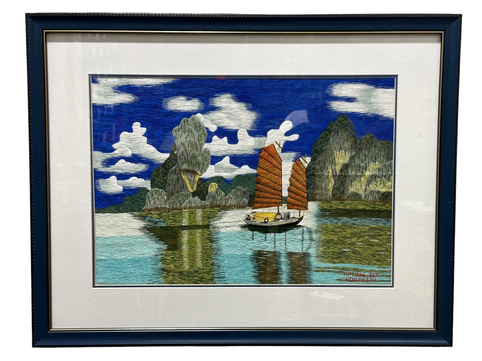 Signed Ha Long Bay Hondache Vietnam Embroidery: Signed Ha Long Bay Hondache Vietnam Embroidery. Measures 21 x 27 w/ frame & art work measures 13.5" x 19". Is signed on the bottom corner.