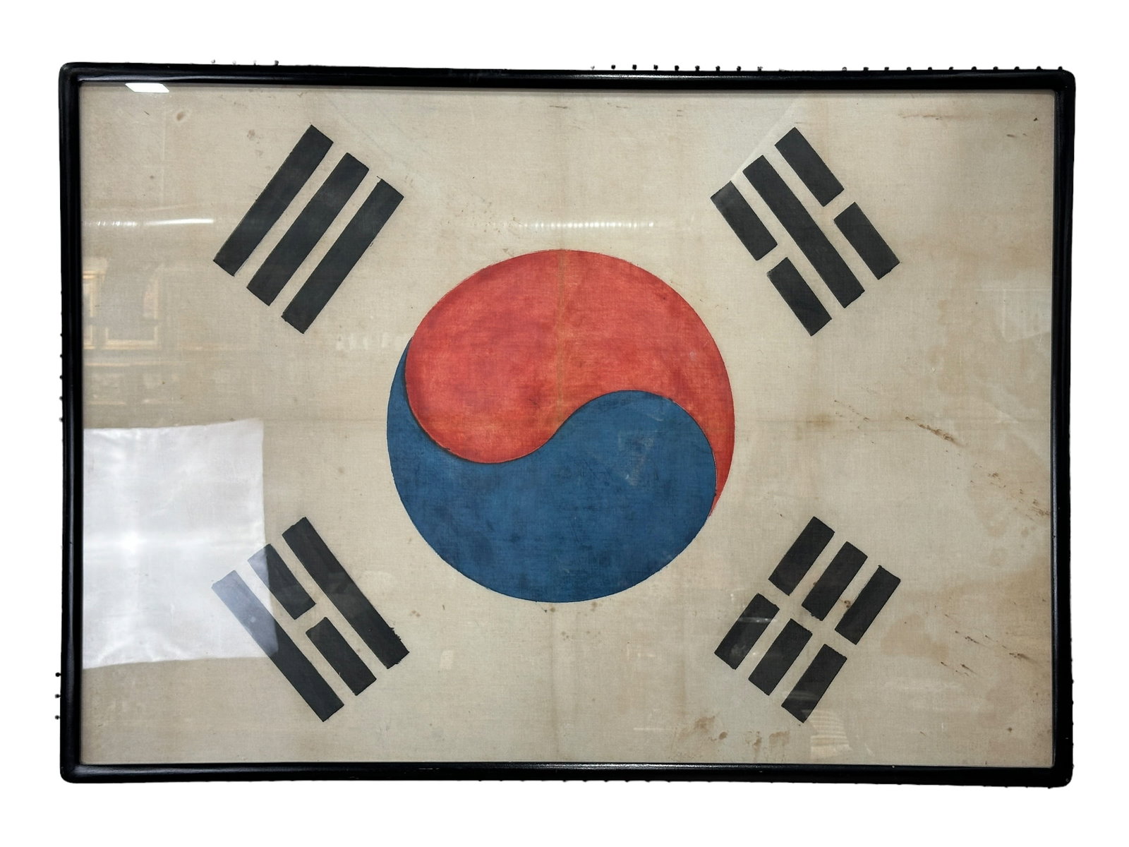 1940's-50's Framed South Korea Taegeukgi Flag: 1940's-50's Framed South Korea Taegeukgi Flag. Measures 33.5" x 47" w/ frame & w/ out frame 31.75" x 45.5".