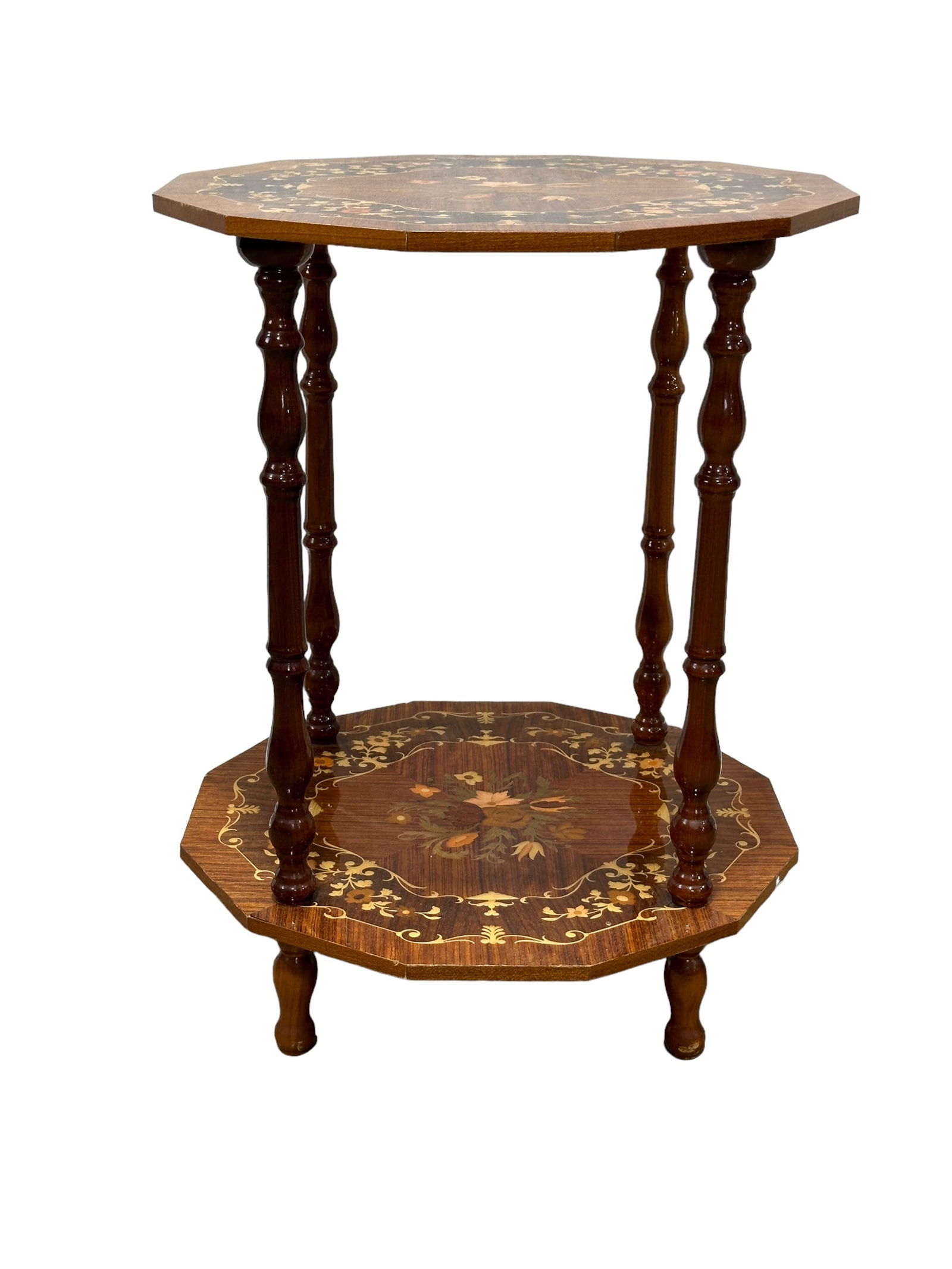 Antique Inlaid Marquetry Octagon Side Table: Antique Inlaid Marquetry Octagon Side Table. Measures 24" x 18.5" 18.5"