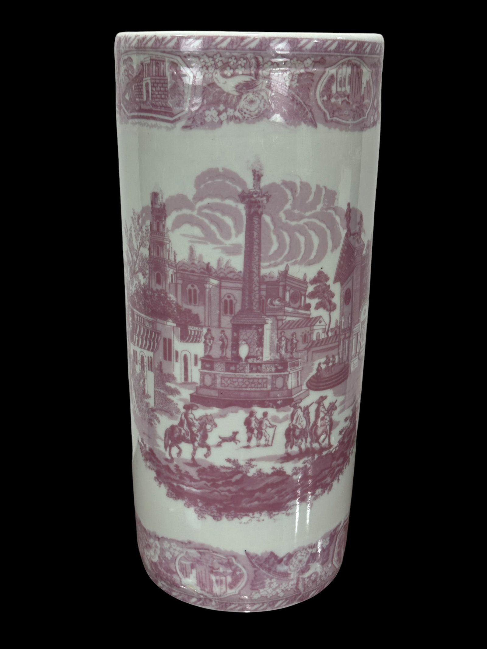 Pink & White Porcelain Umbrella Stand: Pink & White Porcelain Umbrella Stand. Measures 17" tall & 7.5 in diameter.