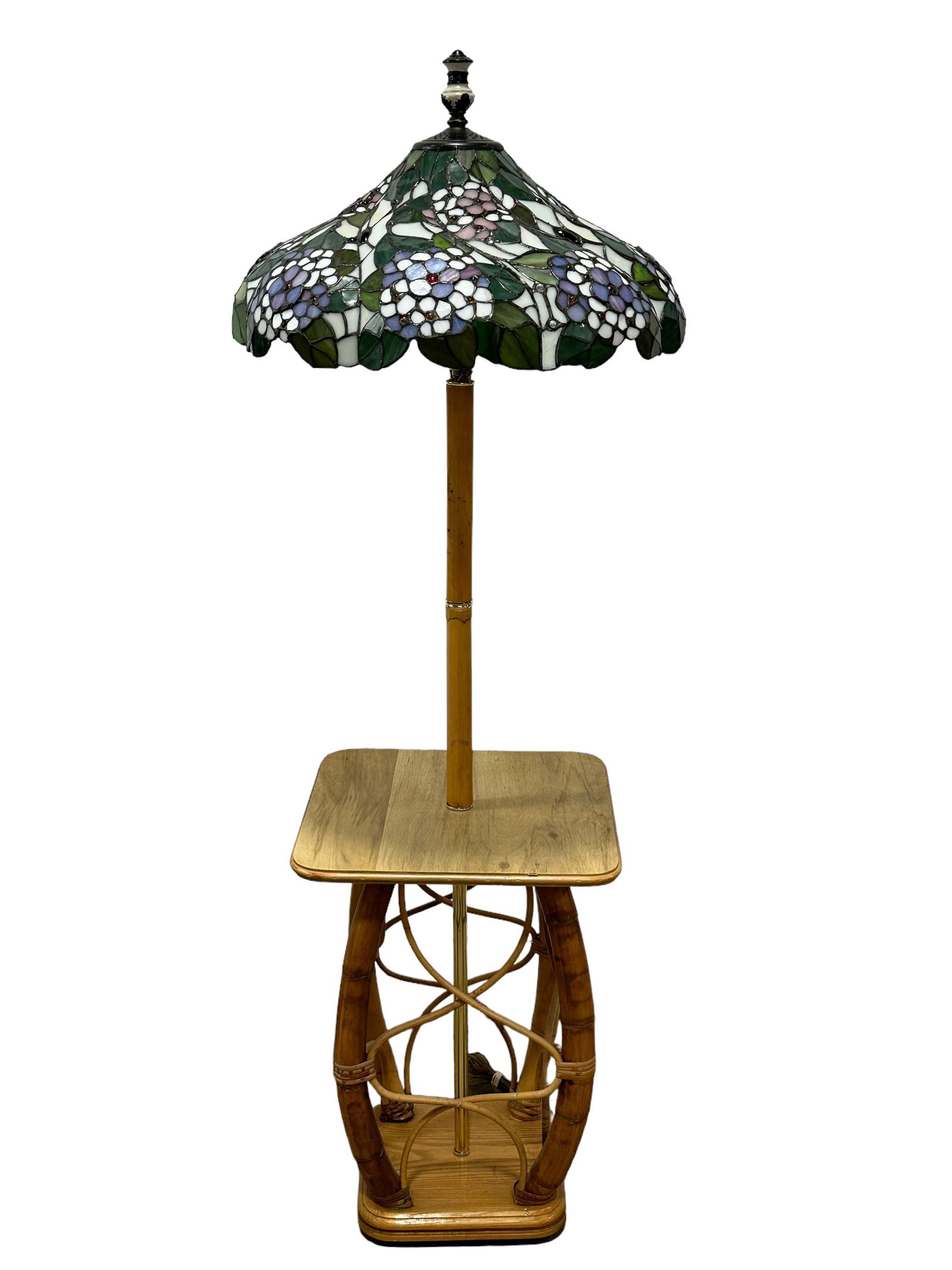 Vintage Bamboo Rattan Lamp Table w/ Tiffany Style Shade (1 of 5)
