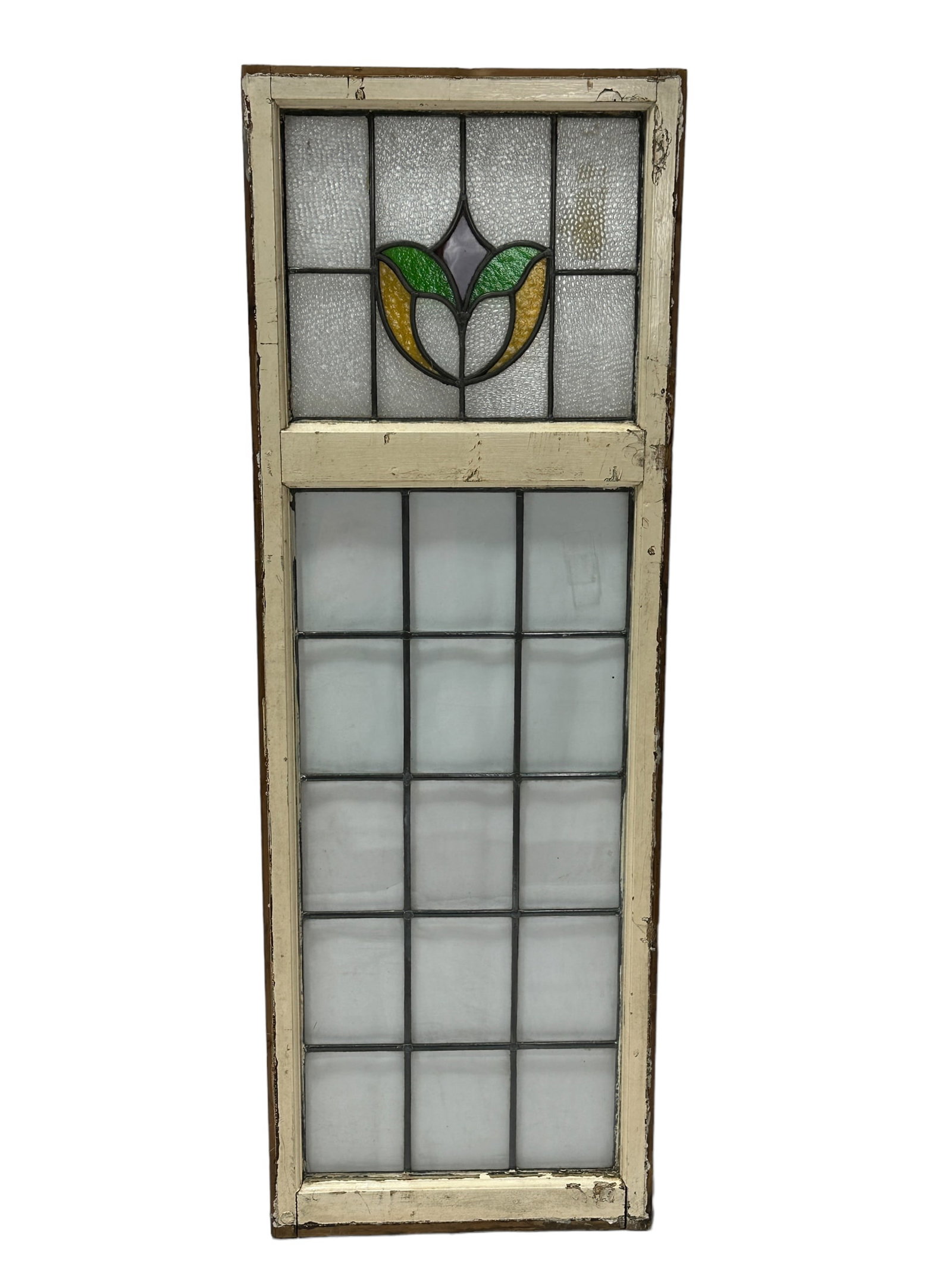 Antique Stained Glass Window: Antique Stained Glass Window. Measures 61" x 21".