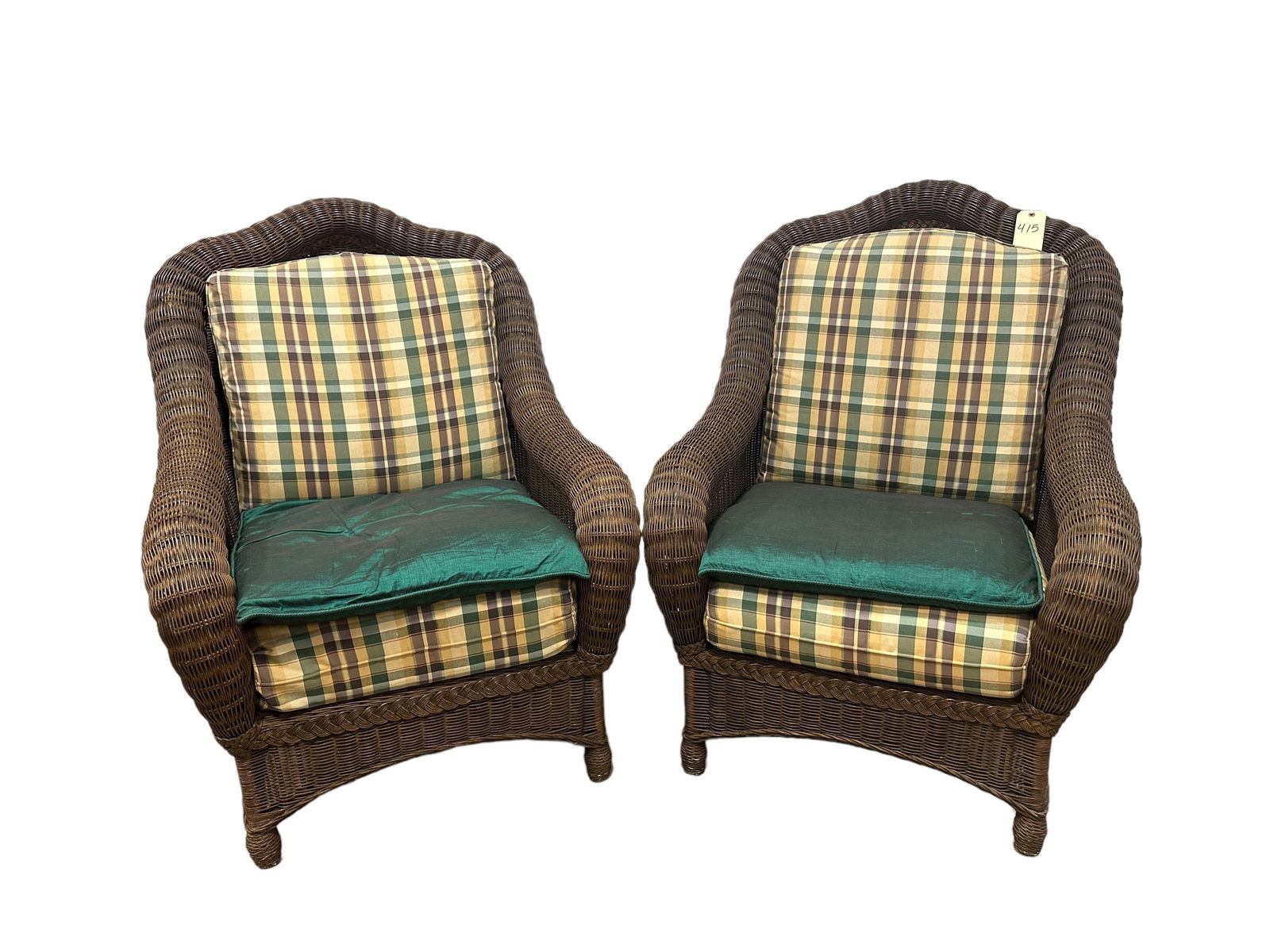 Pair of Ethan Allen Wicker Chairs: Pair of Ethan Allen Wicker Chairs. Measures approximately 45" H x 33" W x 29" D & the seat height is 12" tall. Is marked "Ethen Allen" on the seat.