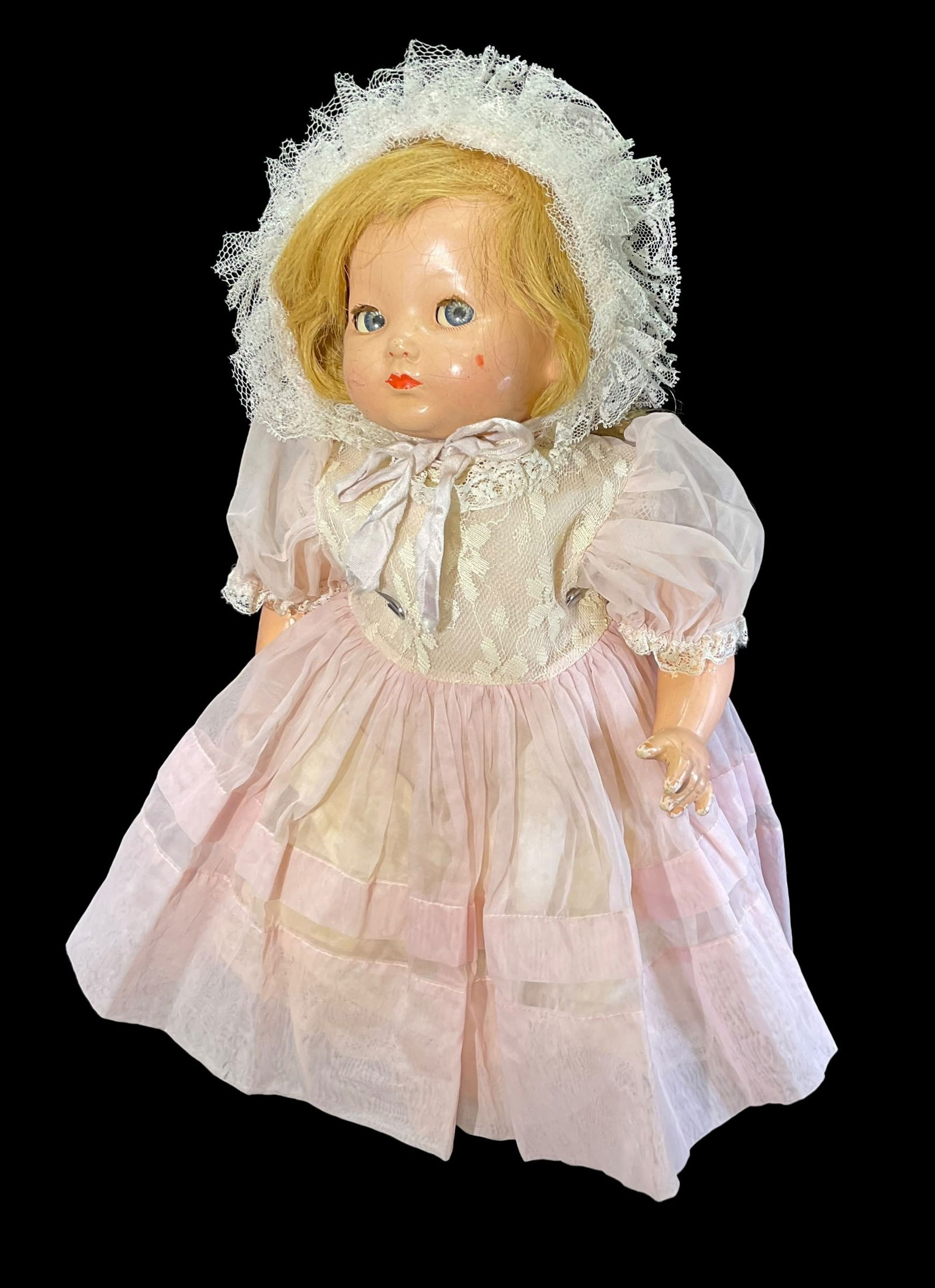 Effanbee "Mickey" Flirty Eye Doll: Effanbee "Mickey" Flirty Eye Doll. Measures 18" long and marked "Effanbee Made in USA" on back of head.Doll stands are NOT included. All dolls may need cleaning and/or repair. Refer to pictures.