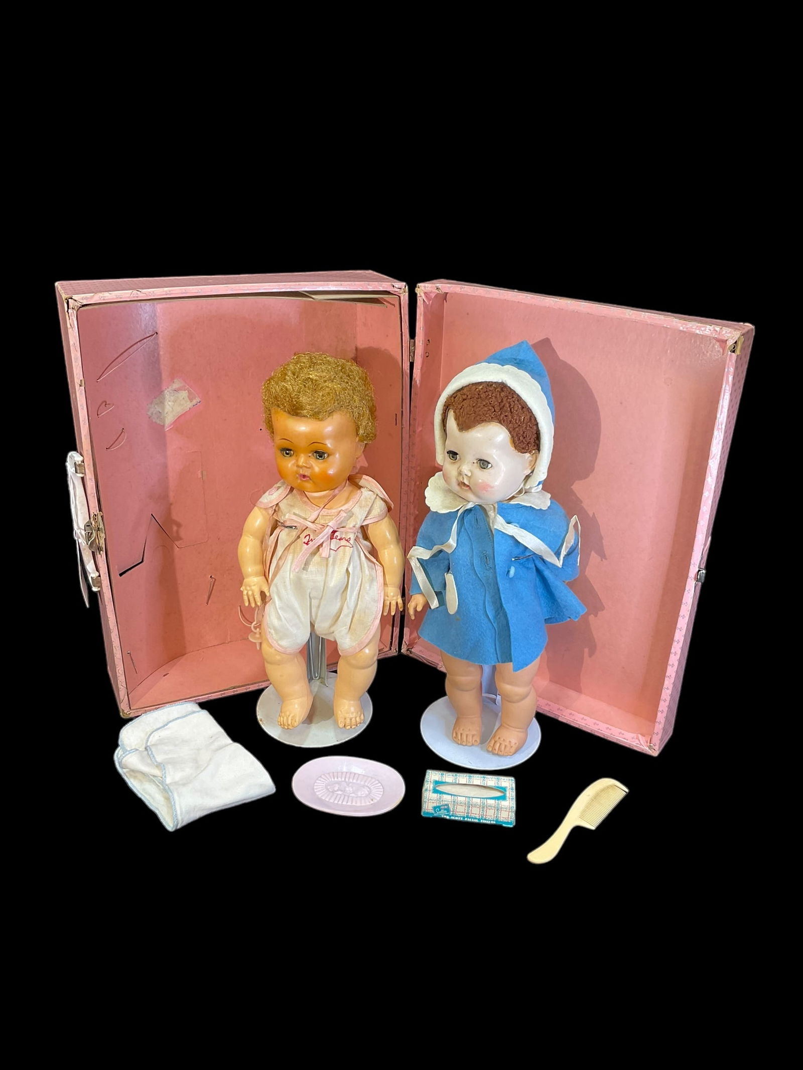 2- American Character "Tiny Tears" Dolls: 2-American Character "Tiny Tears" Dolls. Measure 12" long and are marked on their necks and in box. Doll stands are NOT included. All dolls may need cleaning and/or repair. Refer to pictures.