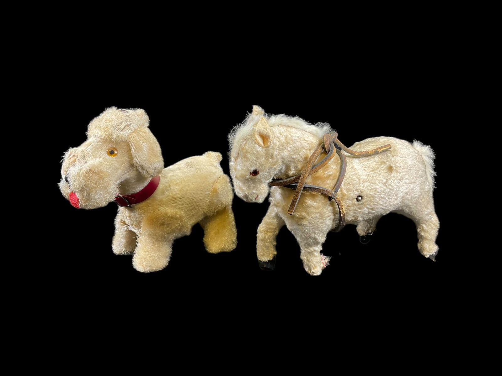 Antique Wind-Up Dog & Horse Toy: Antique Wind-Up Dog & Horse Toy. Dog measures 5" x 5" and horse is 5" x 6". Horse is missing key knob and has a broken foot. Both reflect their age. Doll stands are NOT included. All dolls may need cl