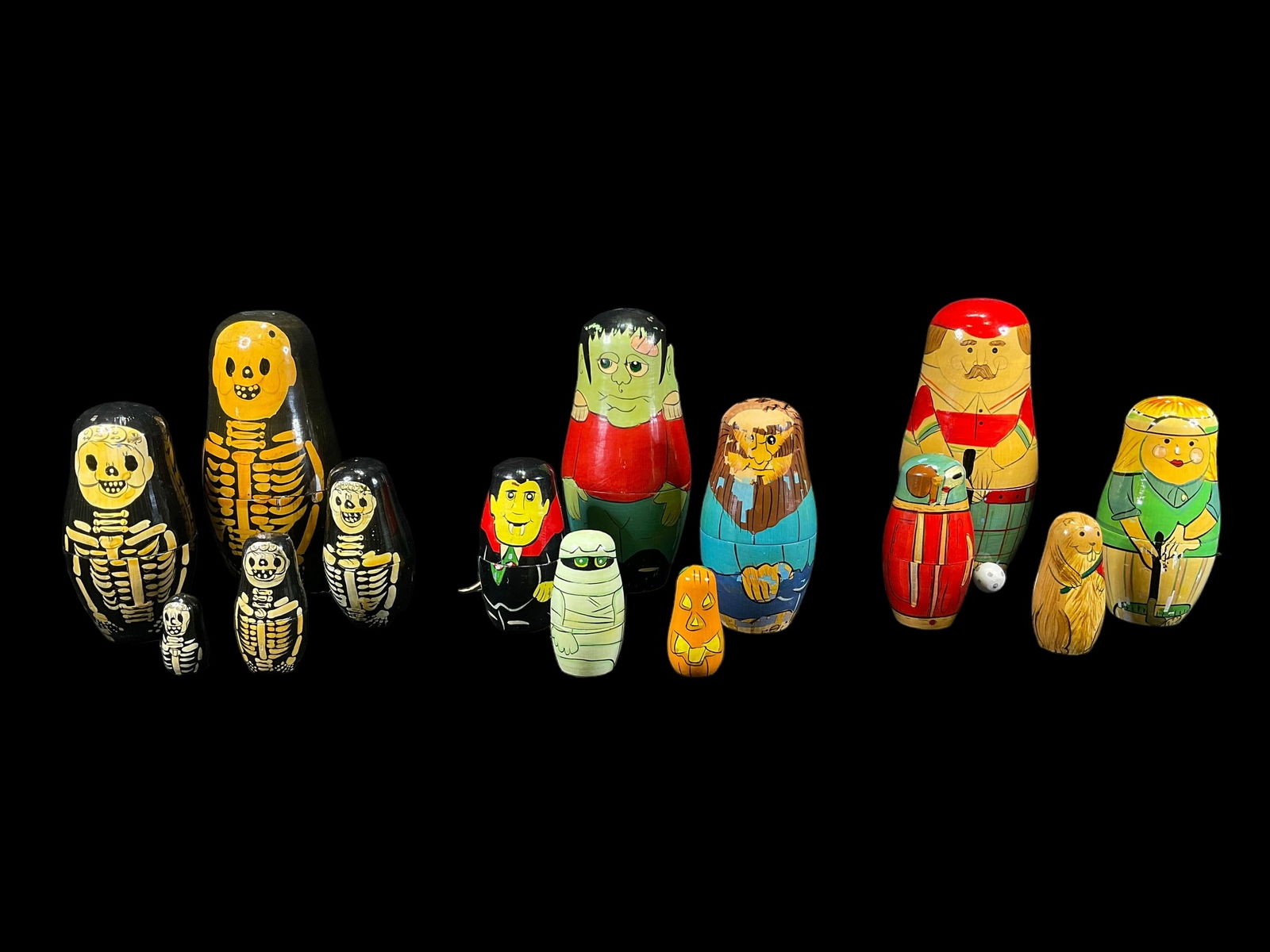 3- Vintage Nesting Doll Sets: 3- Vintage Nesting Doll Sets. Includes a 5pc Halloween set that measures 1.75" to 5.5, 5 pc. Skeleton set that measures 1.25" to 5.25" tall and a 4 pc. Golfer's set that measure 2.5" to 5.75 and all h