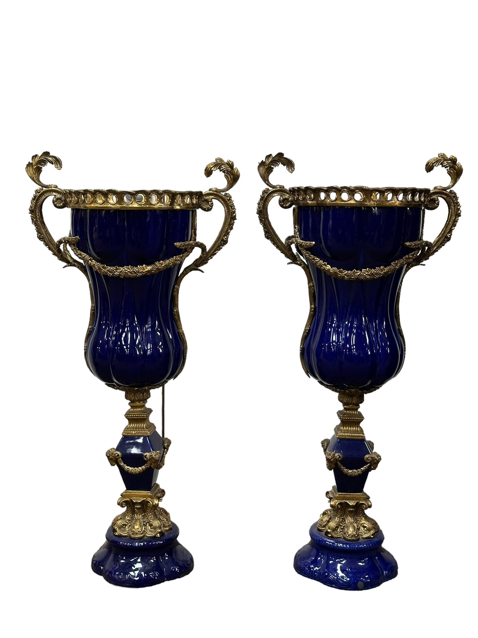Pair of Large Cobalt Blue Ormolu Mounted Porcelain Floor Urns (1 of 9)