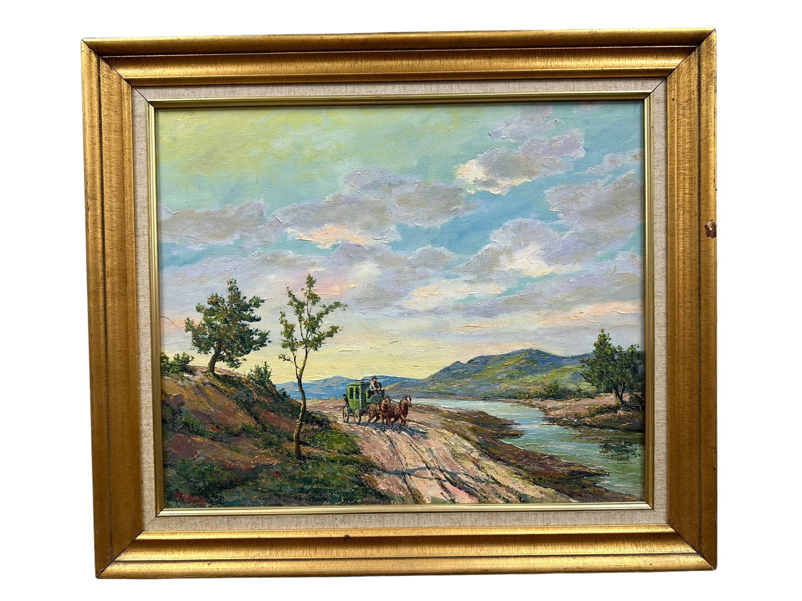 Signed Oil on Canvas Stage Coach Painting: Signed Oil on Canvas Stage Coach Painting. Measures 25.25" x 23.25" w/ frame & painting alone measures 19.25" x 23.25". Signed "Manya" in the bottom left corner & on written on the back is "Manya Coac