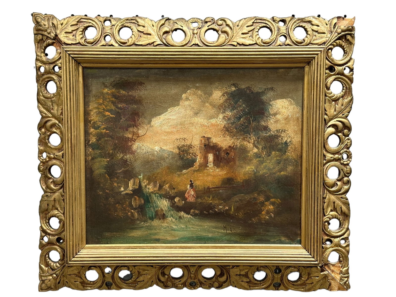 Antique Oil on Canvas Lady/ Waterfall Scene (1 of 8)