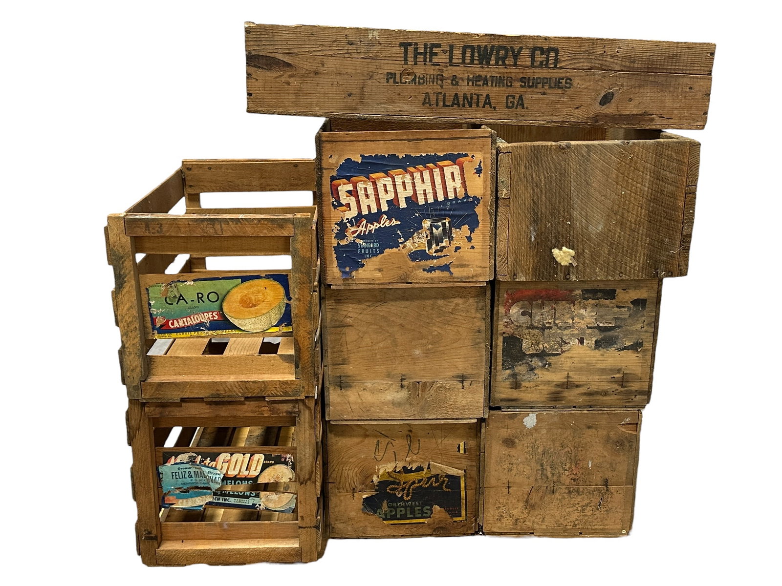 Lot of 9 Vintage Crates: Lot of 9 Vintage Crates. Measures approximately 6.5" H x 33.5" W x 7" D to 13" H x 24.5" W x 13.75" D.