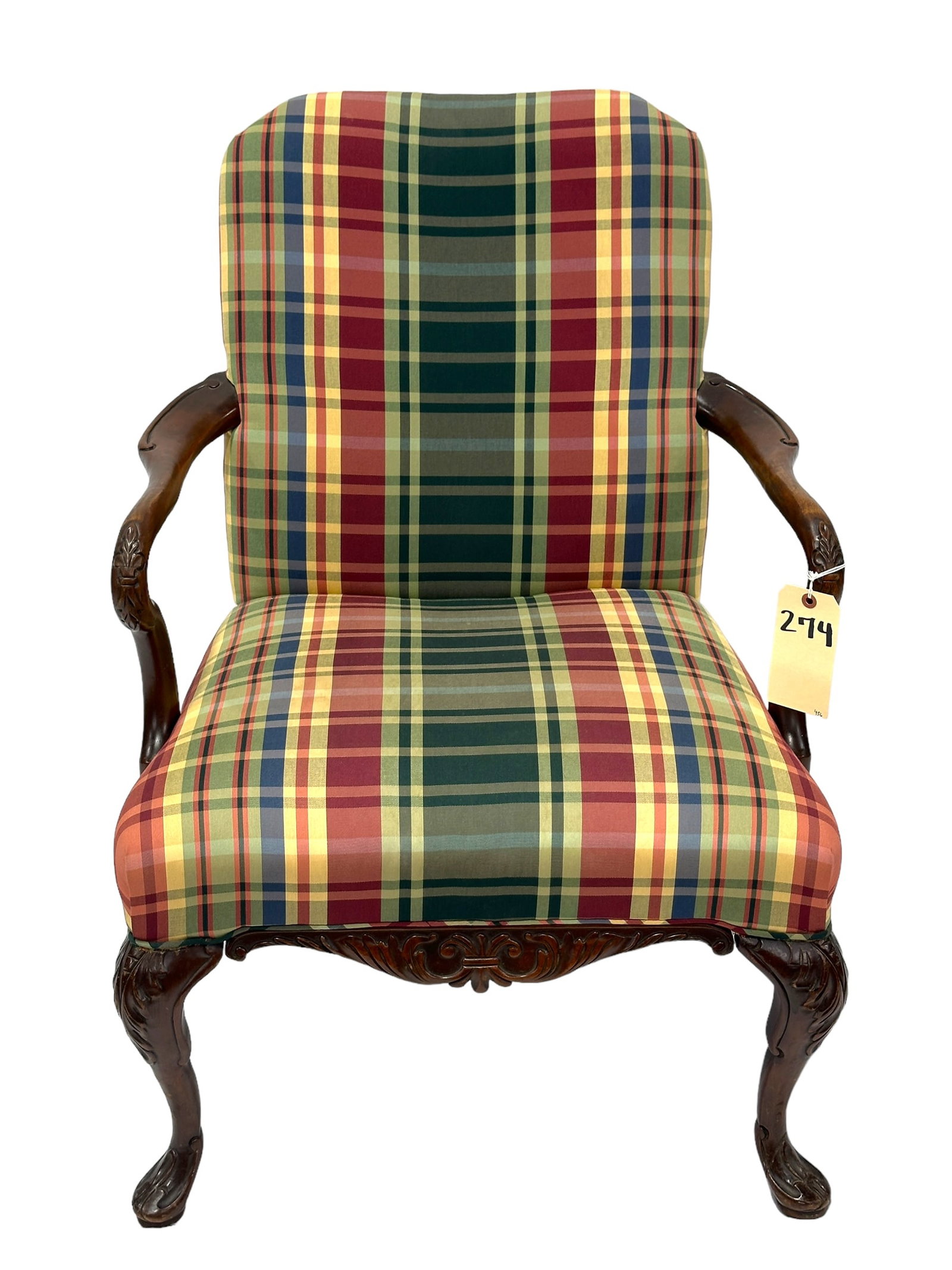 Antique Wood Carved Arm Chair: Antique Wood Carved Arm Chair. Measures 35" H x 25" W x 22" D & the seat height measures 18" tall.