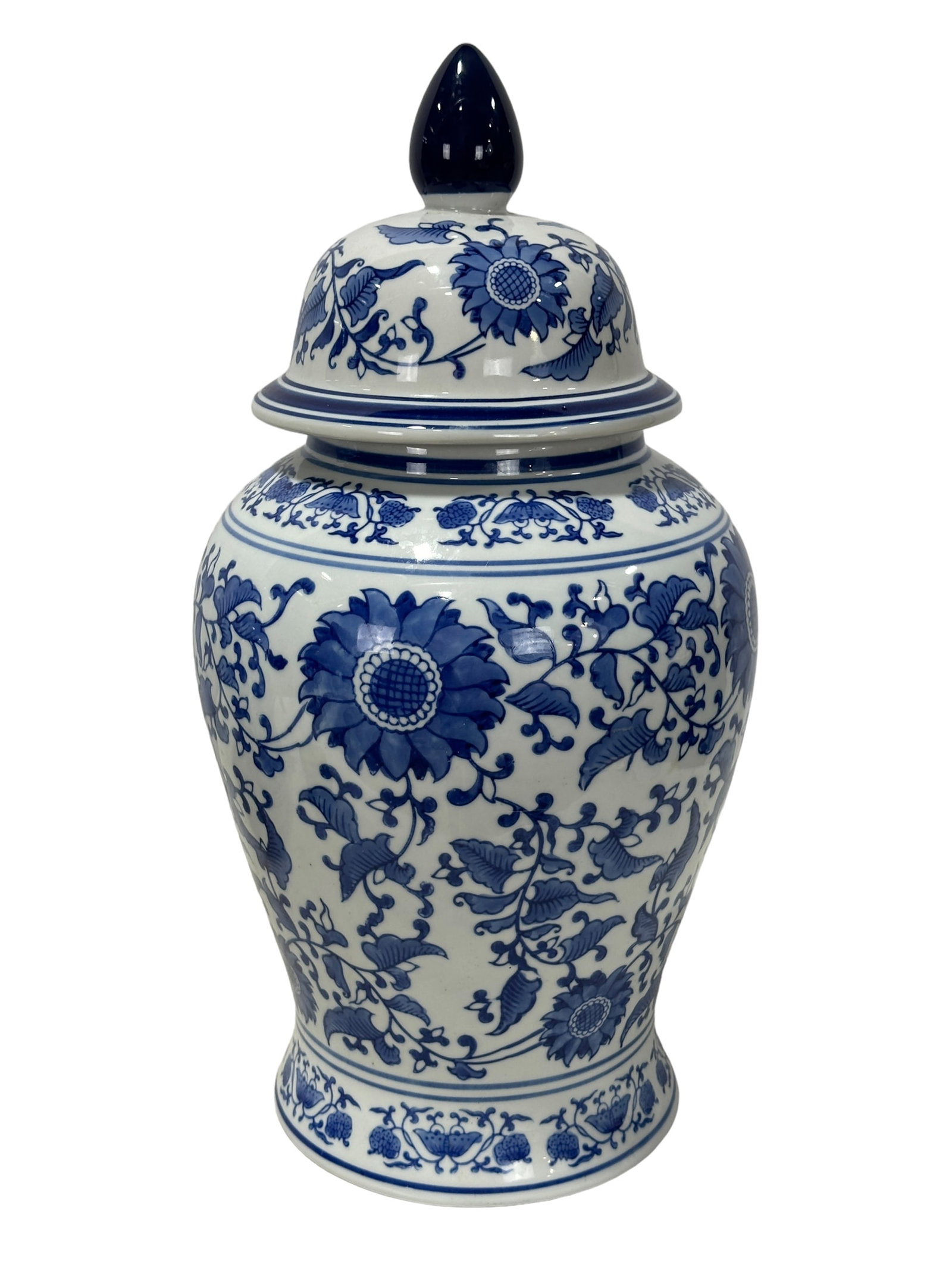 Asian Blue & White Porcelain Urn: Asian Blue & White Porcelain Urn. Measures 18.5" tall & marked "Made in Chine" on bottom.