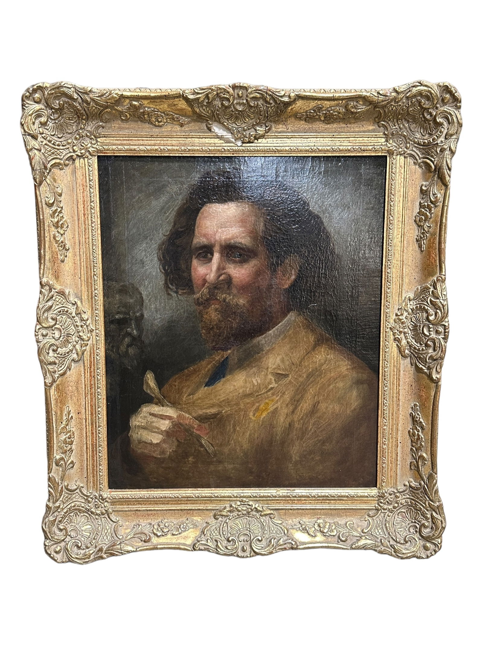 Signed Antique Oil Canvas "The Sculptor Portrait" By A.E. Chalon: Signed Antique Oil Canvas "The Sculptor Portrait" By A.E. Chalon, signed in the bottom right corner. Also marked "English 1788" on the back. Measures 32" x 27.75" w/ the frame & the painting alone mea