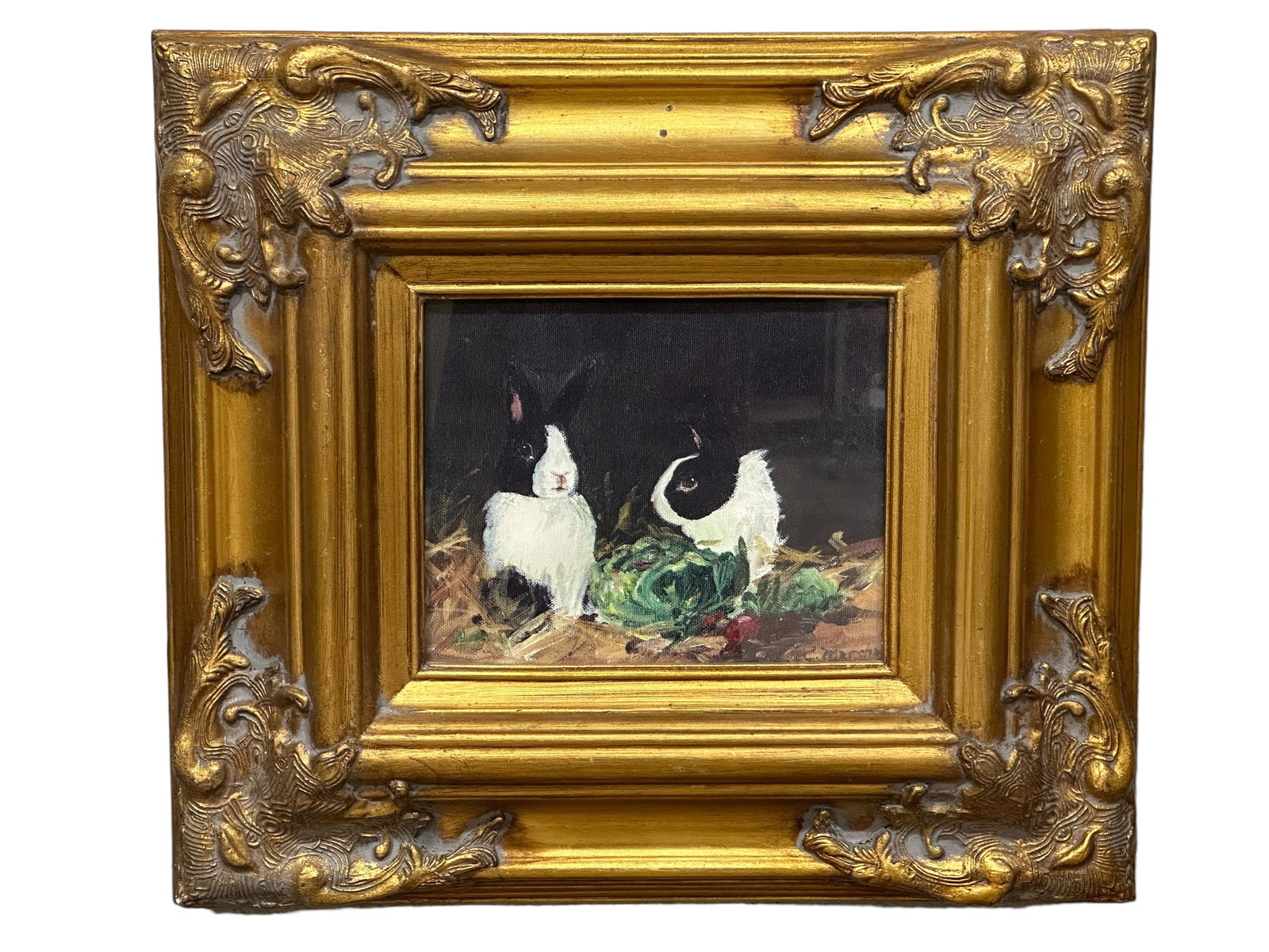 Signed Print "Black Bunnies" by Carla Marshall: Signed Print "Black Bunnies" by Carla Marshall. Measures 18.5" x 20.25" w/ the frame & painting alone measures 8" x 9.5". Signed in the lower right corner & artist info on the back.