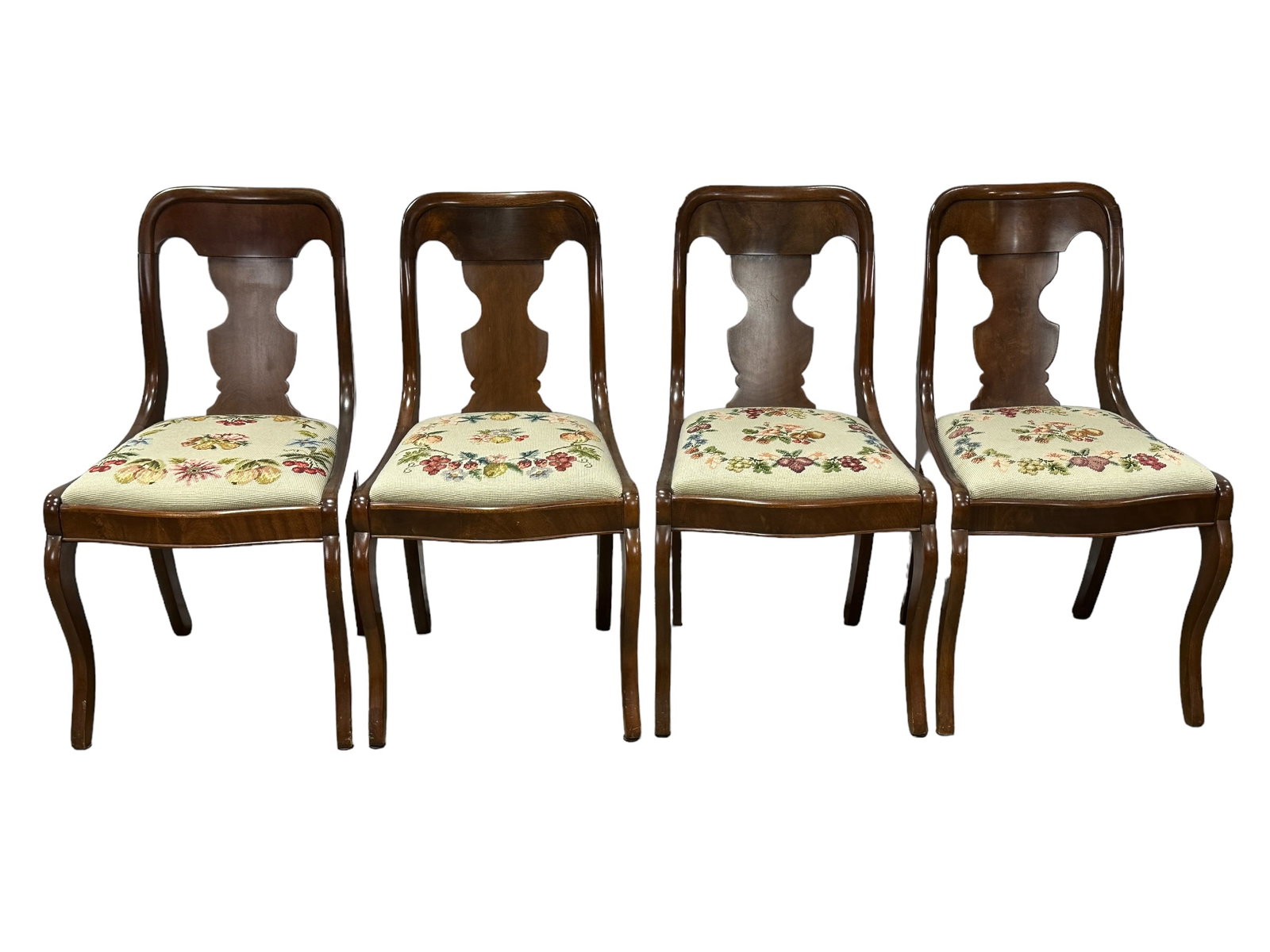 4-Antique Gondola Style Chairs: 4-Antique Gondola Style Chairs. Measures 33" H x 18" W x 16" D & the seat height measures 17.5" tall. Seats are embroidered.