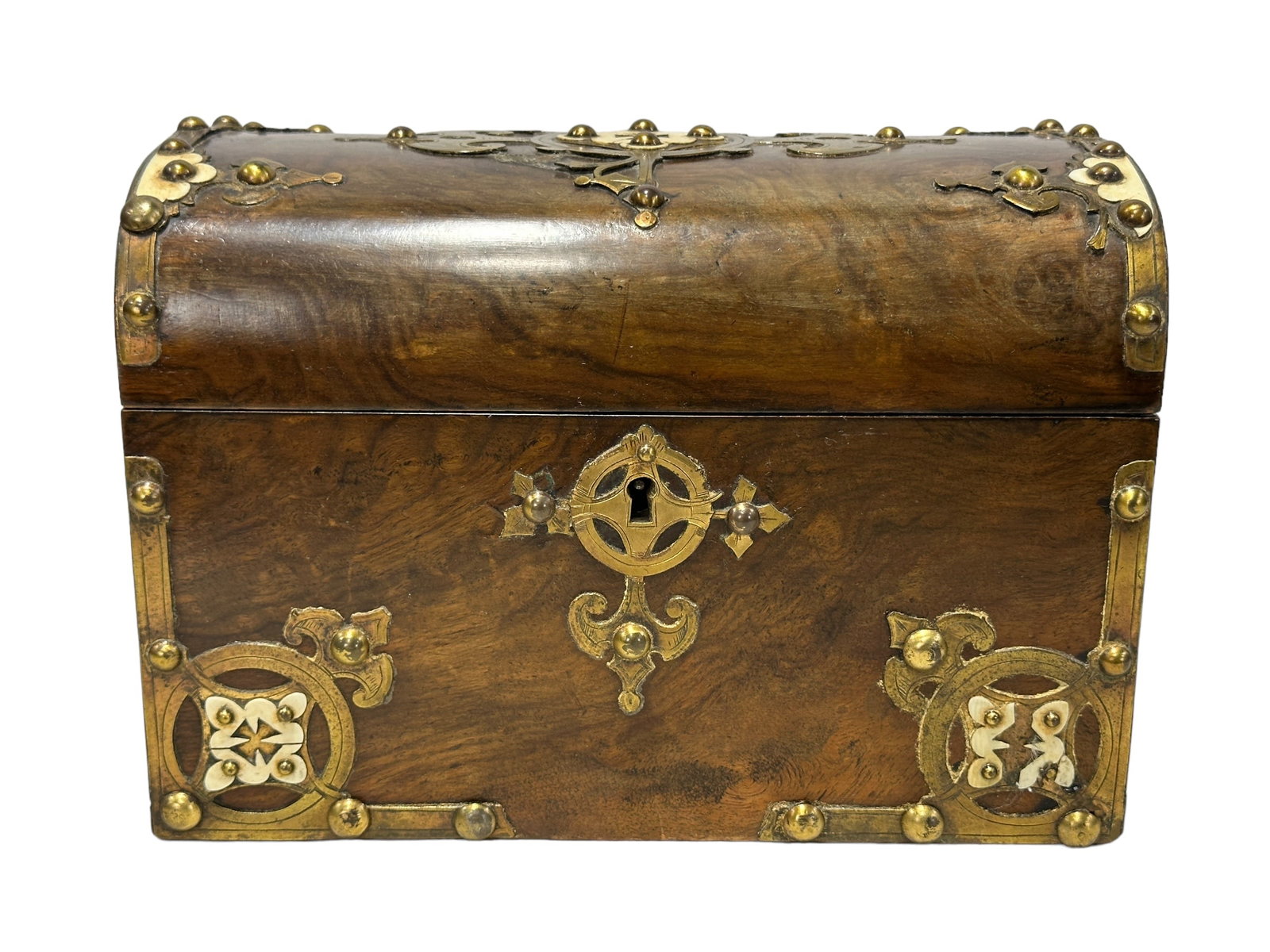 Antique Brass & Bone Mounted Tea Caddy: Antique Brass & Bone Mounted Tea Caddy. Measures 6.5" H x 9" W x 5.25" D.