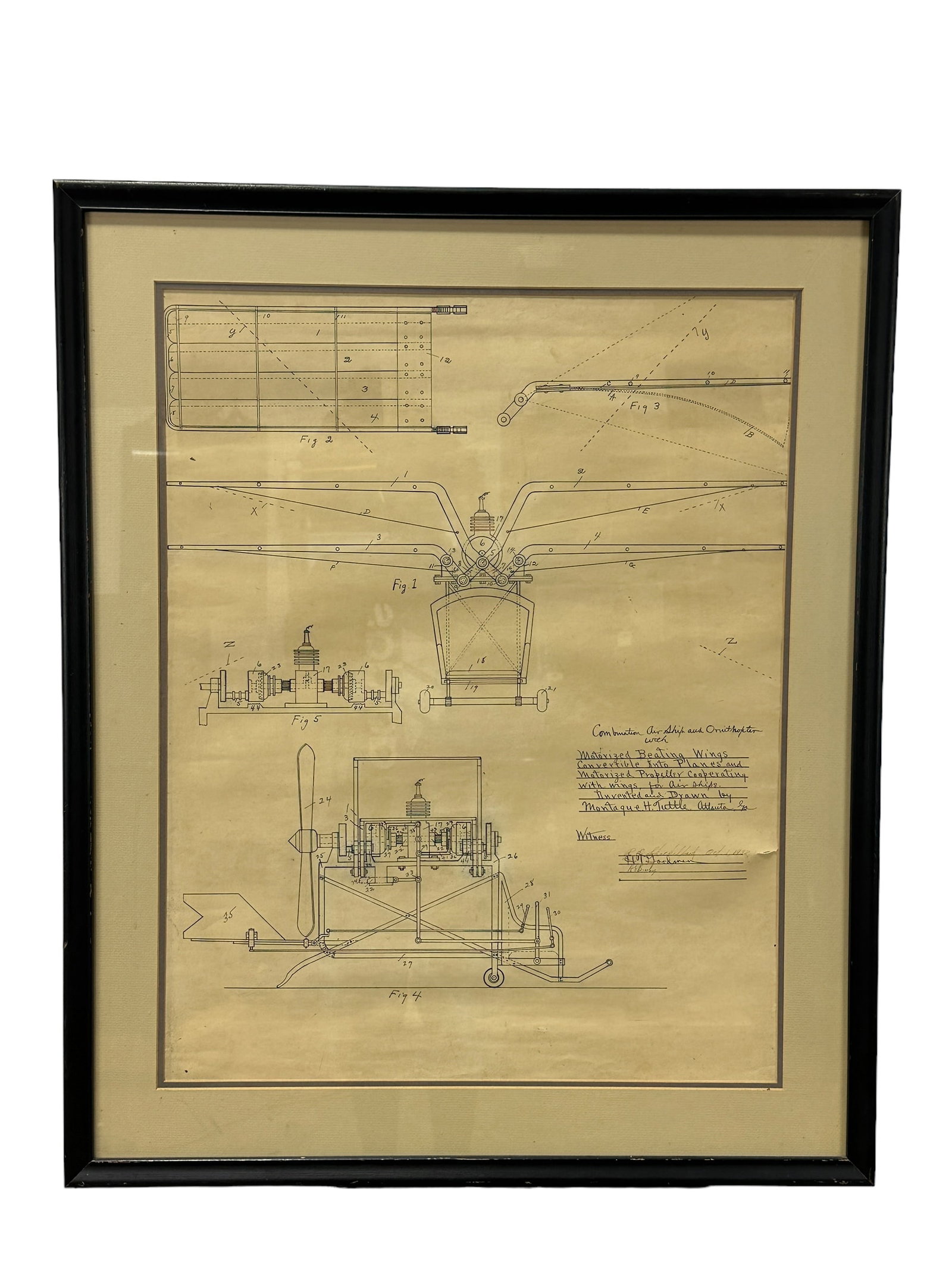 Framed 1932 Blue Print for Combination Air Ship & Ornithopter by Montaque H. Tuttle (1 of 5)