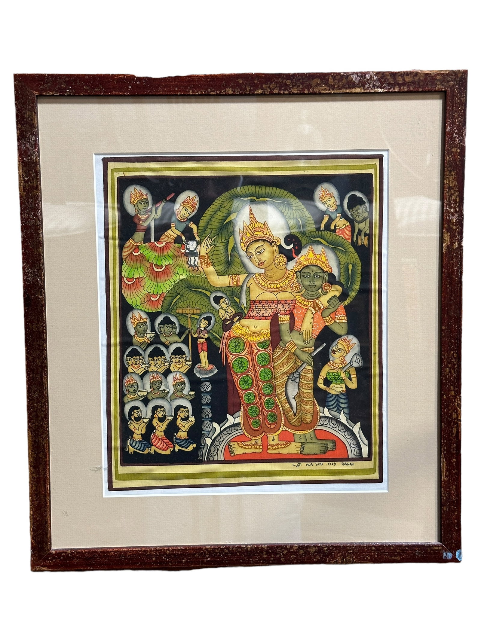 Framed Signed Thangka: Framed Signed Thangka. Thangka alone measures 12" x 12" & the frame measures 18" x 17". Signed "HLA WIN. OLD BAGAN" in the bottom right corner.