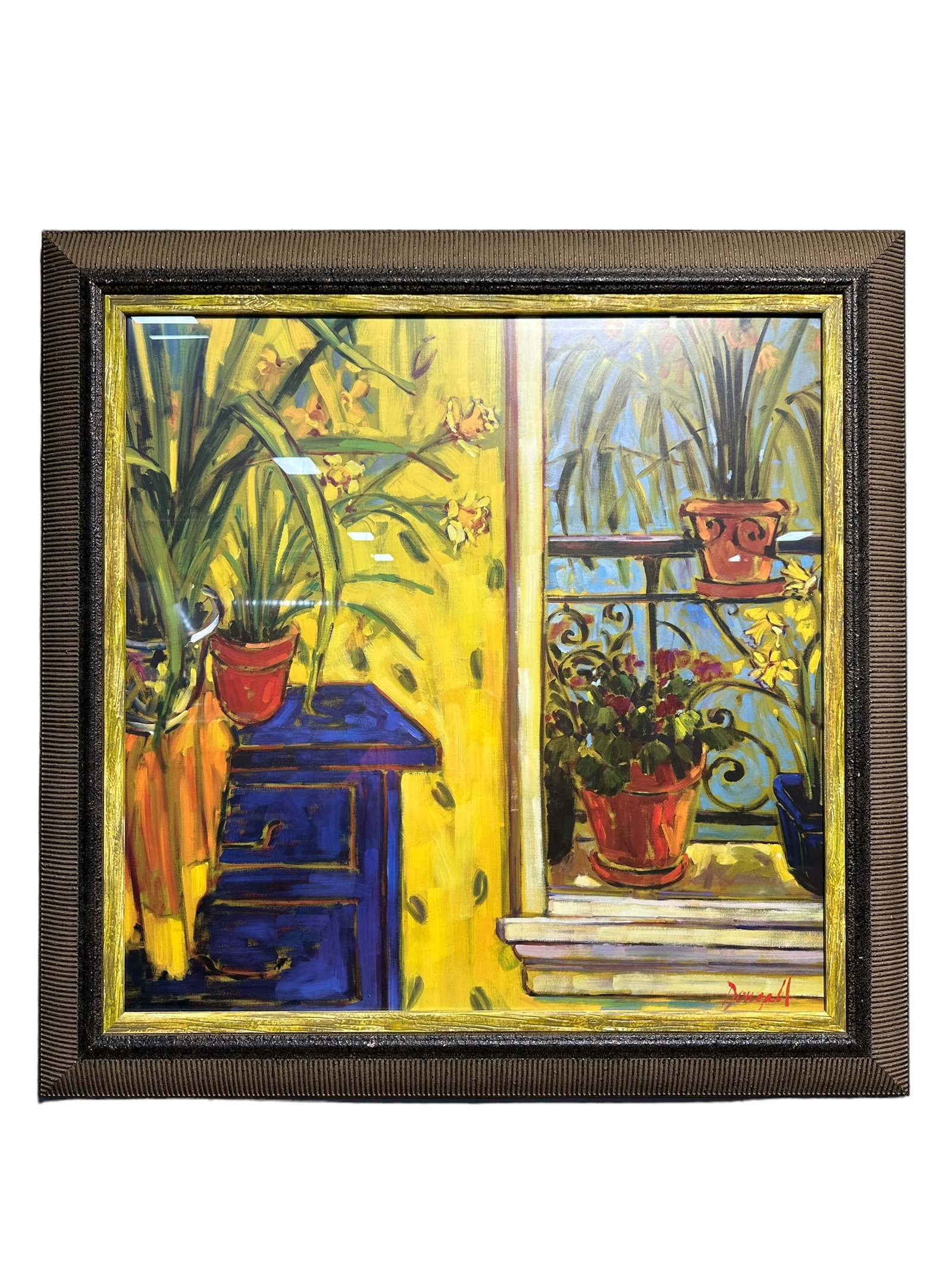 Signed "Daffodils" Art by Jae Dougall: Signed "Daffodils" Art by Jae Dougall. Signed "Dougall" in bottom right corner. Measures 32.75" x 32.75" w/ the frame & art alone measures 26" x 26".