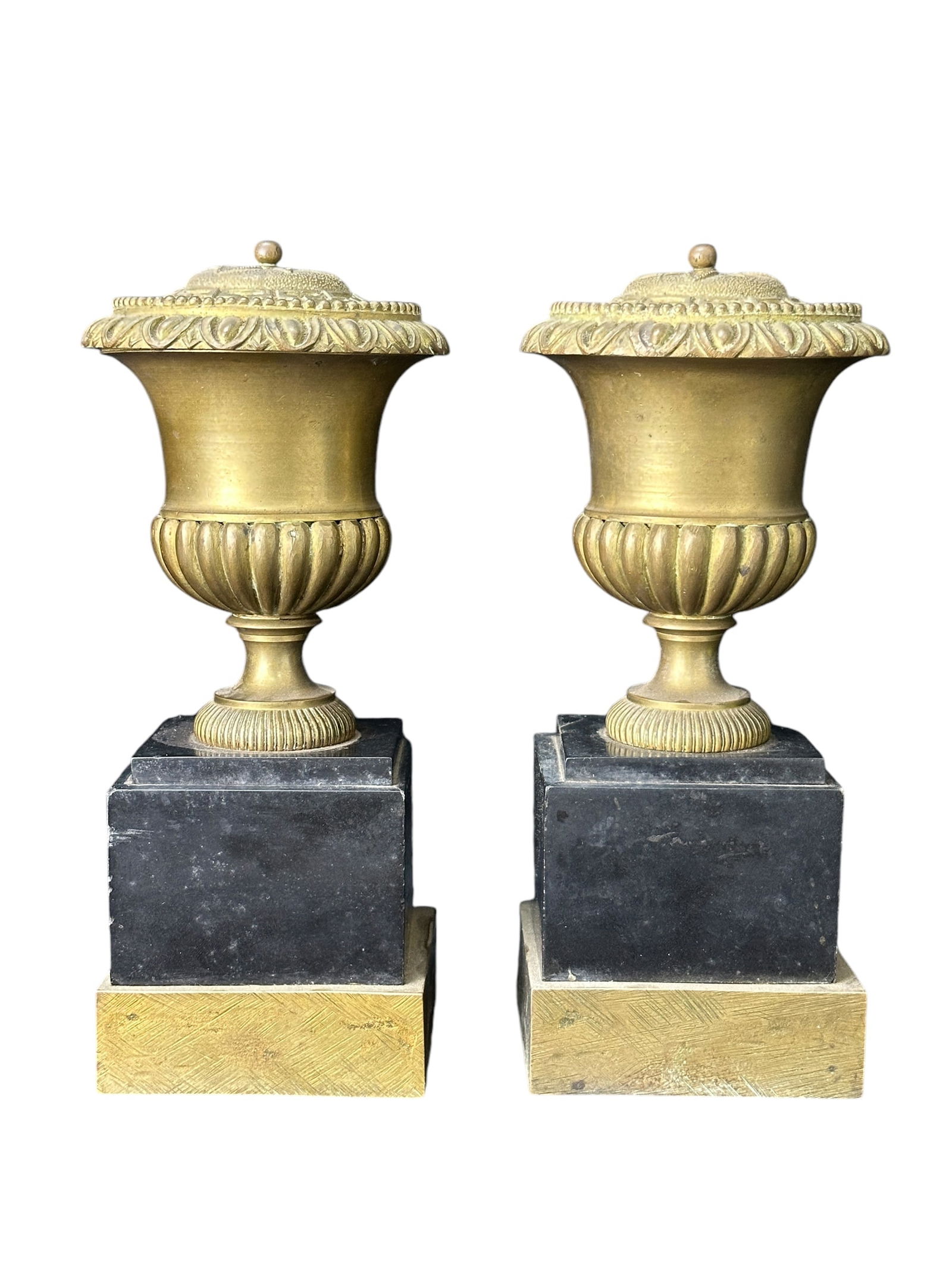 Pair of Early  Lidded Bronze Urns w/ Marble Base (1 of 8)