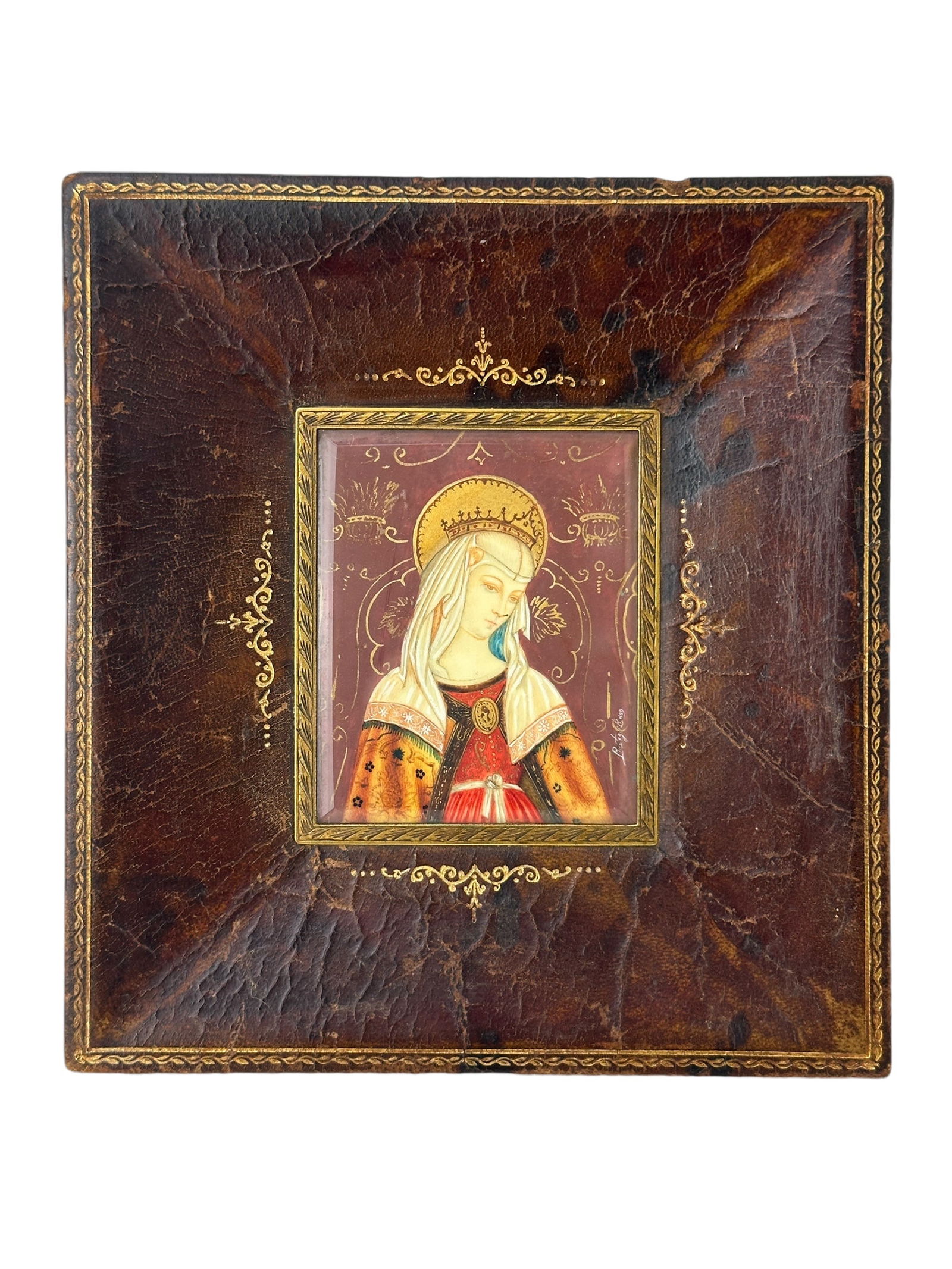 Signed Miniature Portrait of Madonna in Leather Frame (1 of 5)