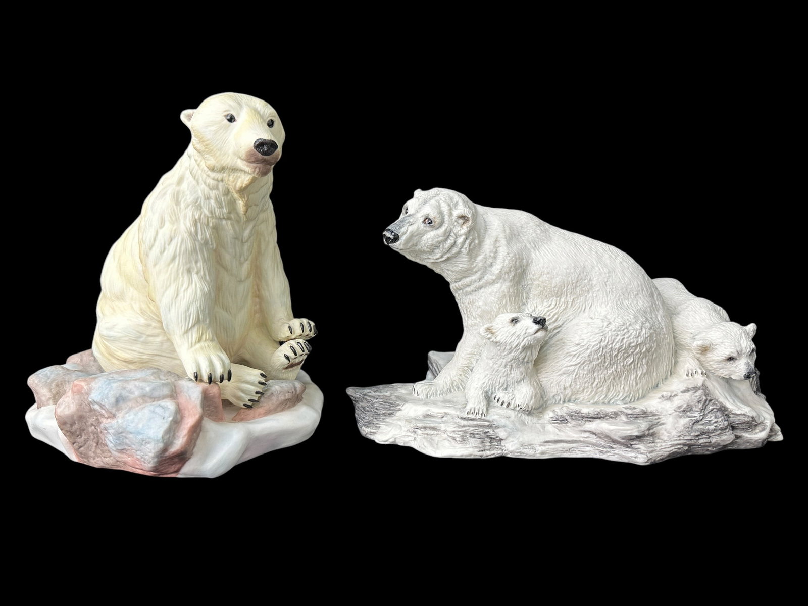 Group of 2 Polar Bear Figures: Group of 2 Polar Bear Figures. Burgues Limited Edition Polar Bear is signed on the left side and on the bottom, numbered 67 or 950 and measures approx. 8.5" H x 9.25" W x 7.5" D. Boehm Porcelain "Pola