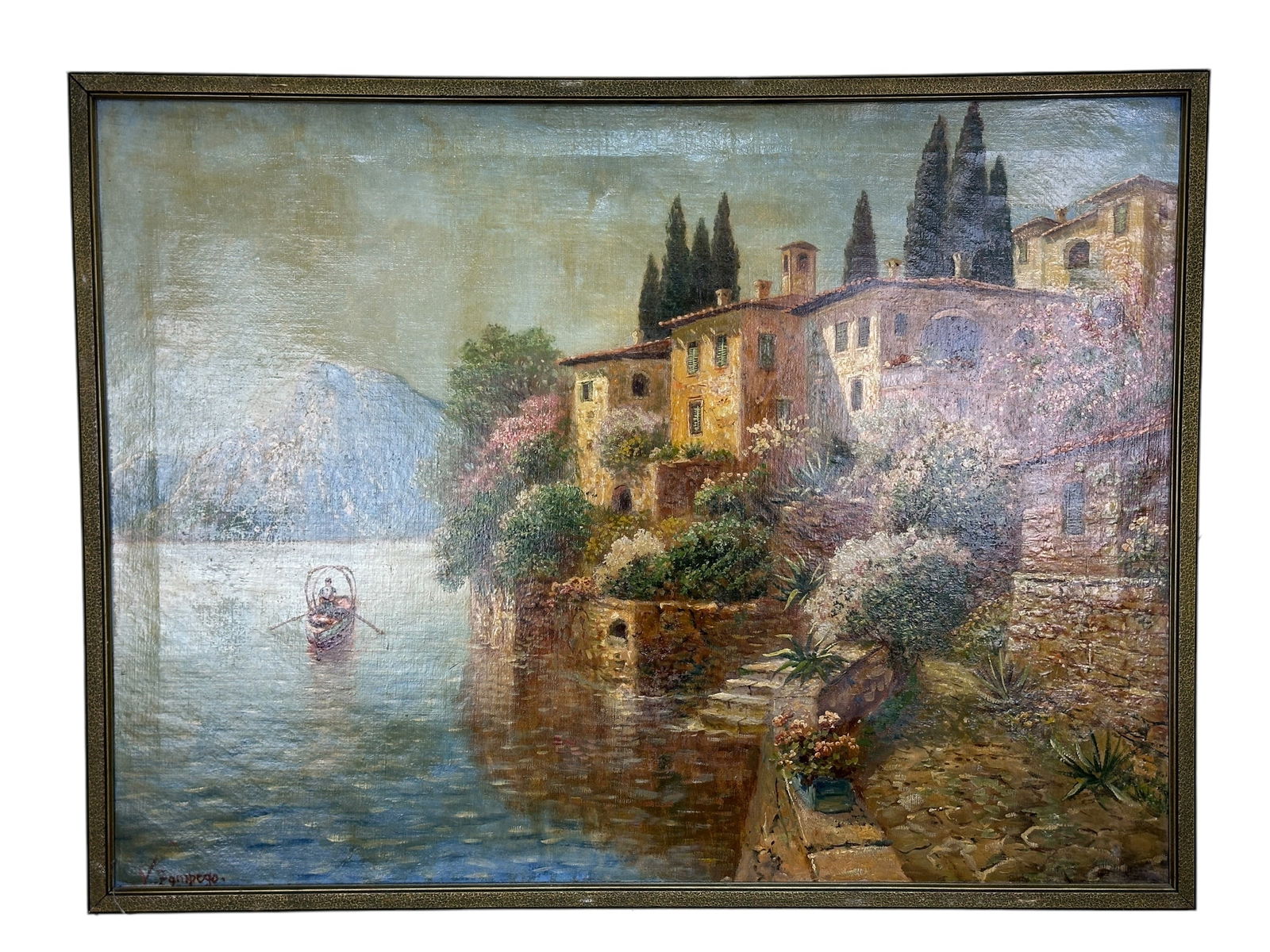 20th-C Oil on Canvas Italian Villa Scene Signed V. Zampego (1 of 4)